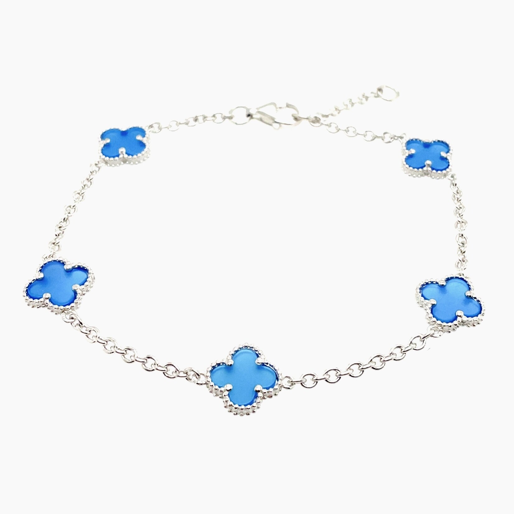 Sterling Silver /Rhodium Blue Clover  Adj Bracelet 6.5 to 7.5