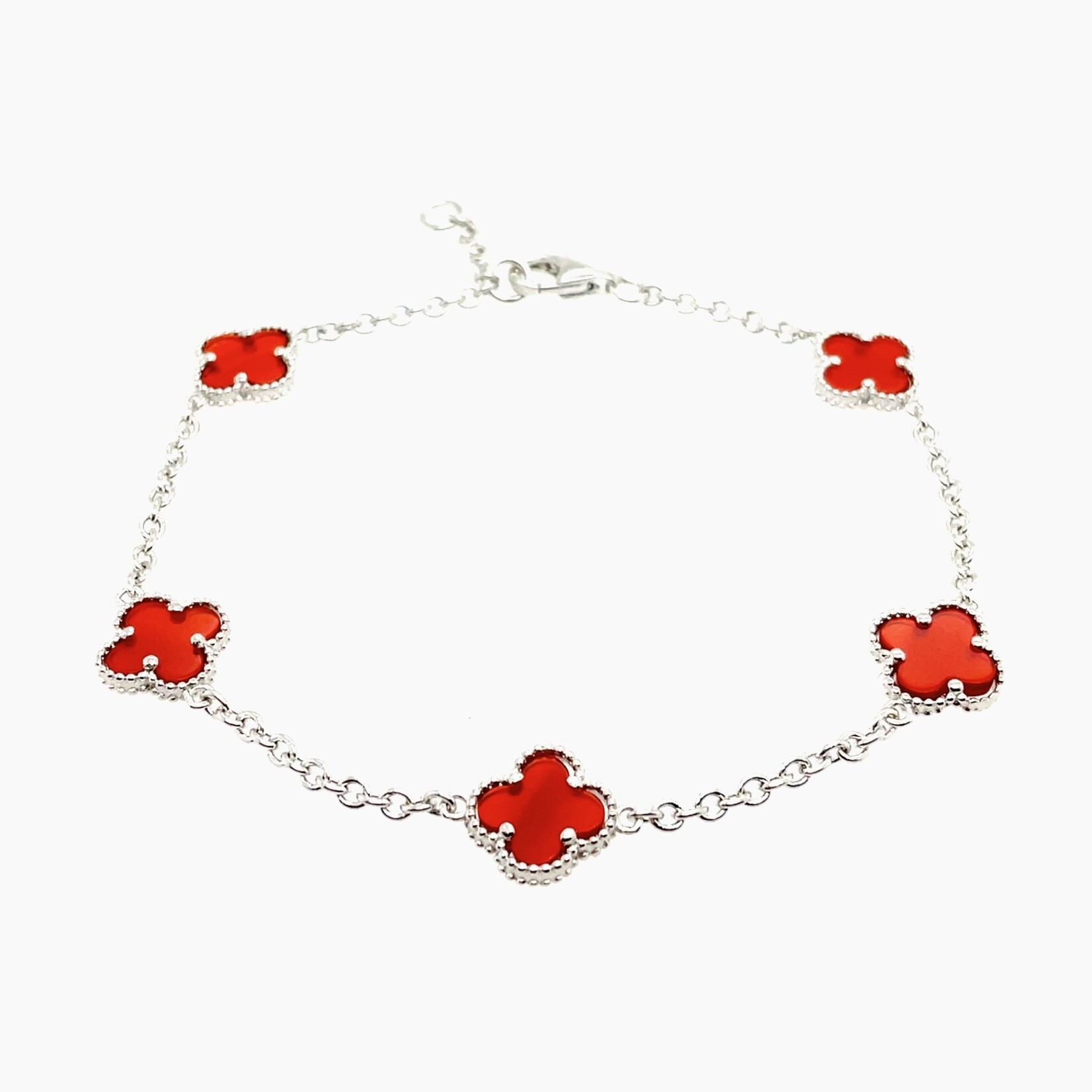 Sterling Silver /Rhodium Red Clover  Adj Bracelet 6.5 to 7.5
