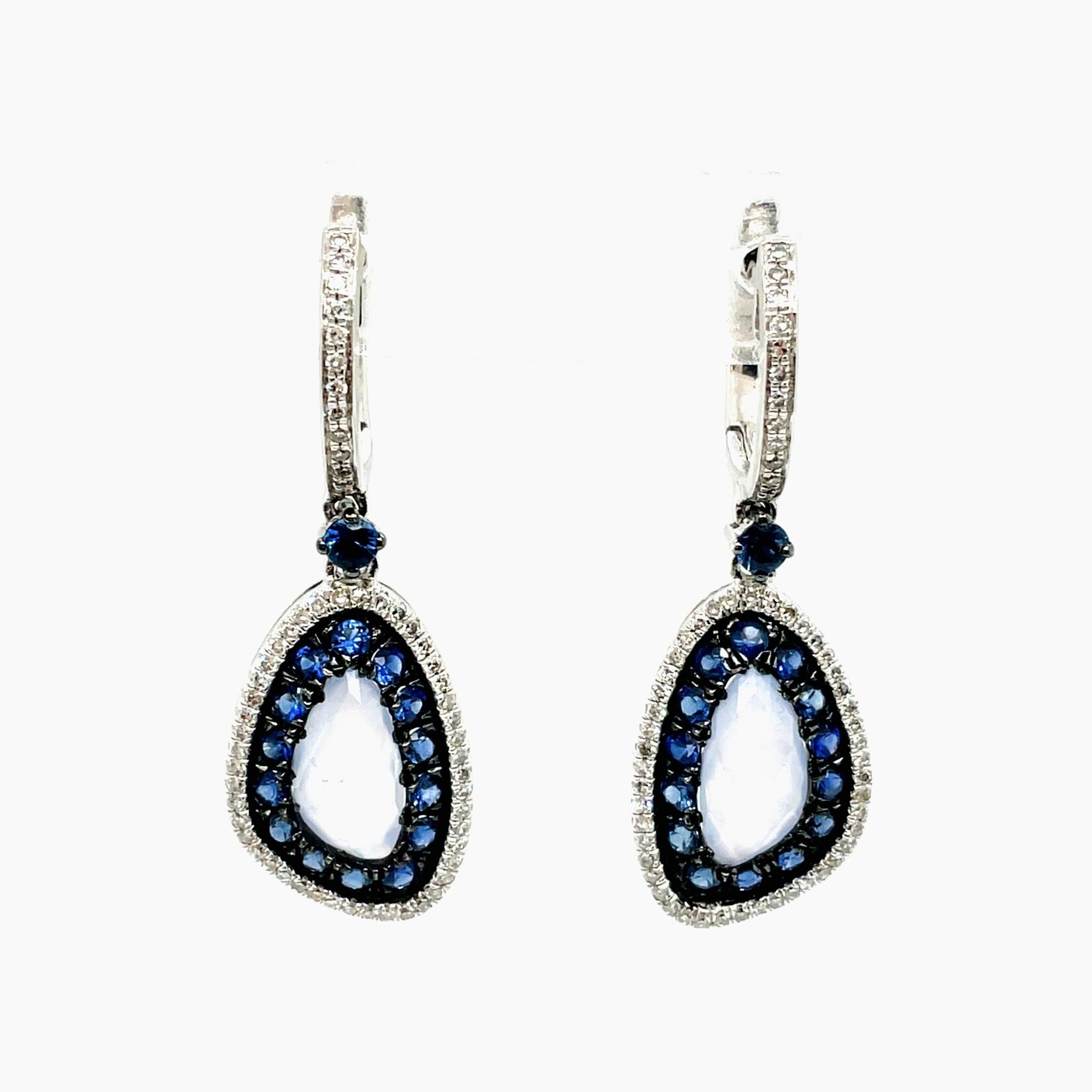 18 Kt Round Cut Sapphire Dangle Earrings .28 Ctw