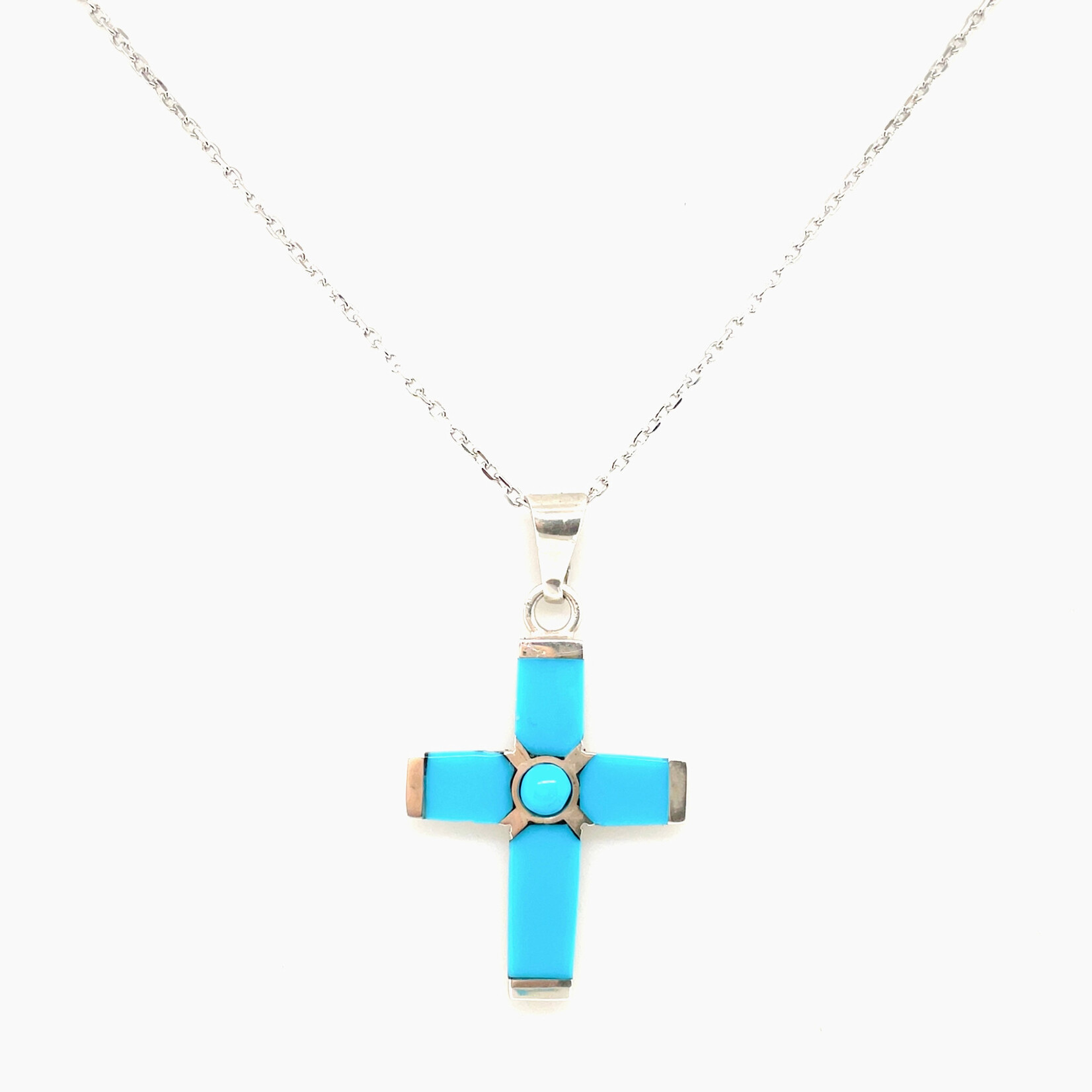 Vintage Turquoise Sterling Silver Cross  Necklace, 18"