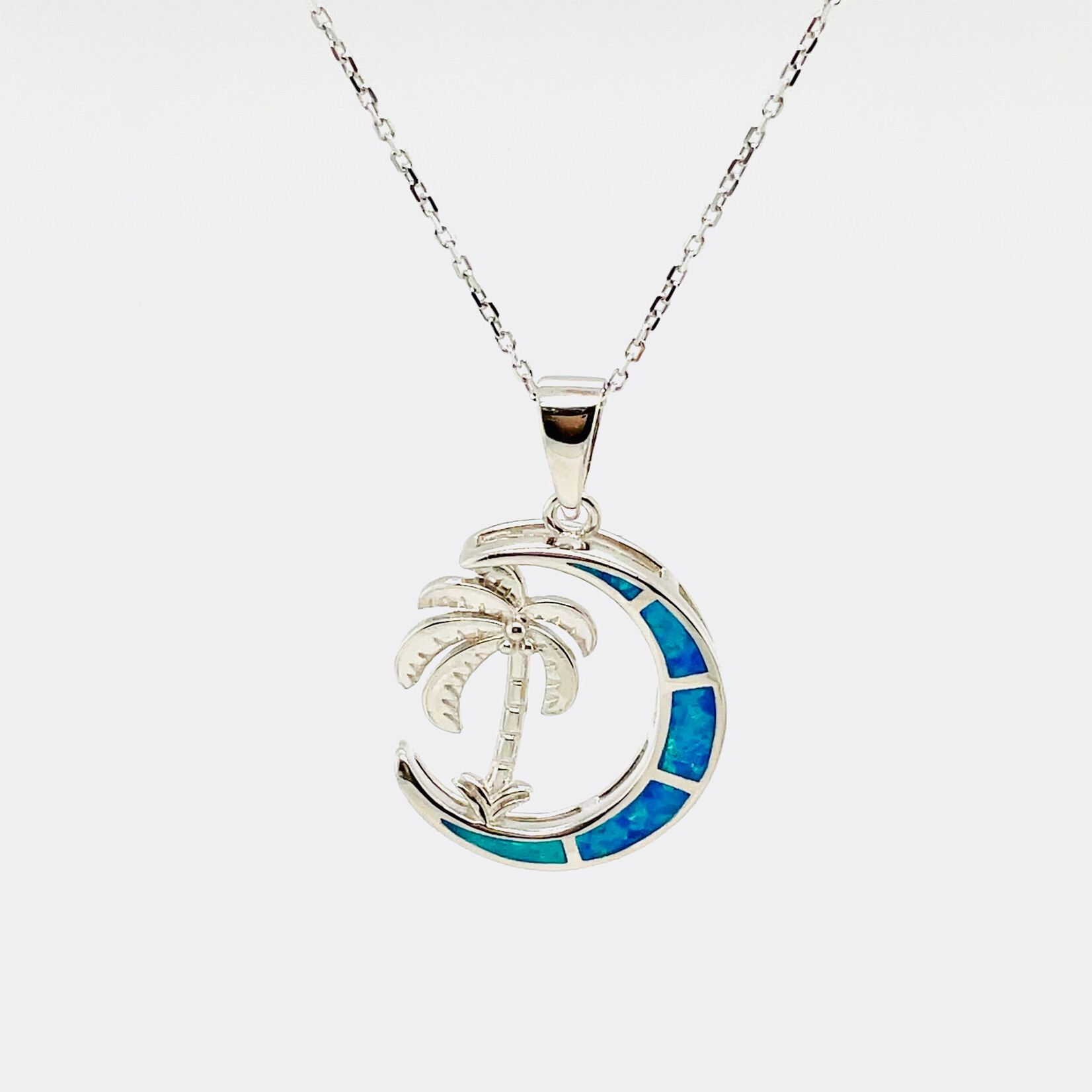 Palm Tree Blue Opal Crescent Moon Pendant