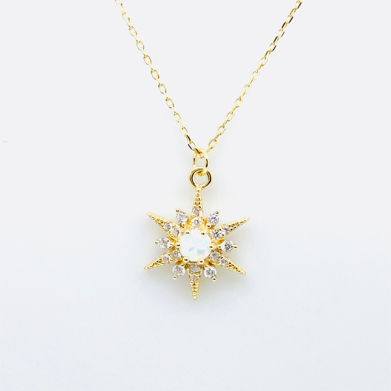 .925 Gold Plated White Opal Sunburst CZ Necklace