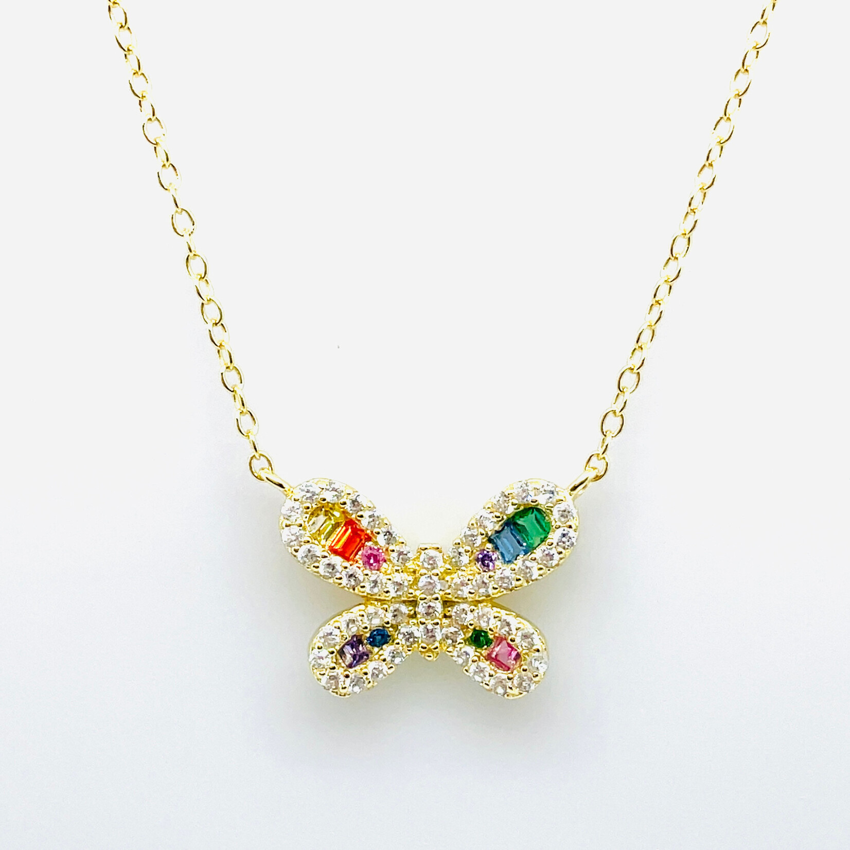 Sterling Silver Gold Plated Rainbow CZ Butterfly Necklace