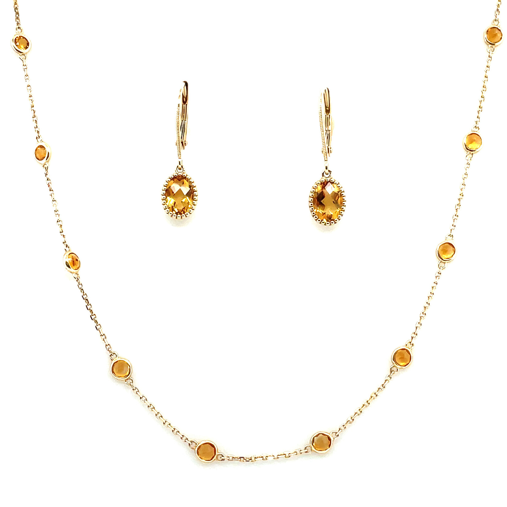 14K Yellow gold citrine necklace Earring Set