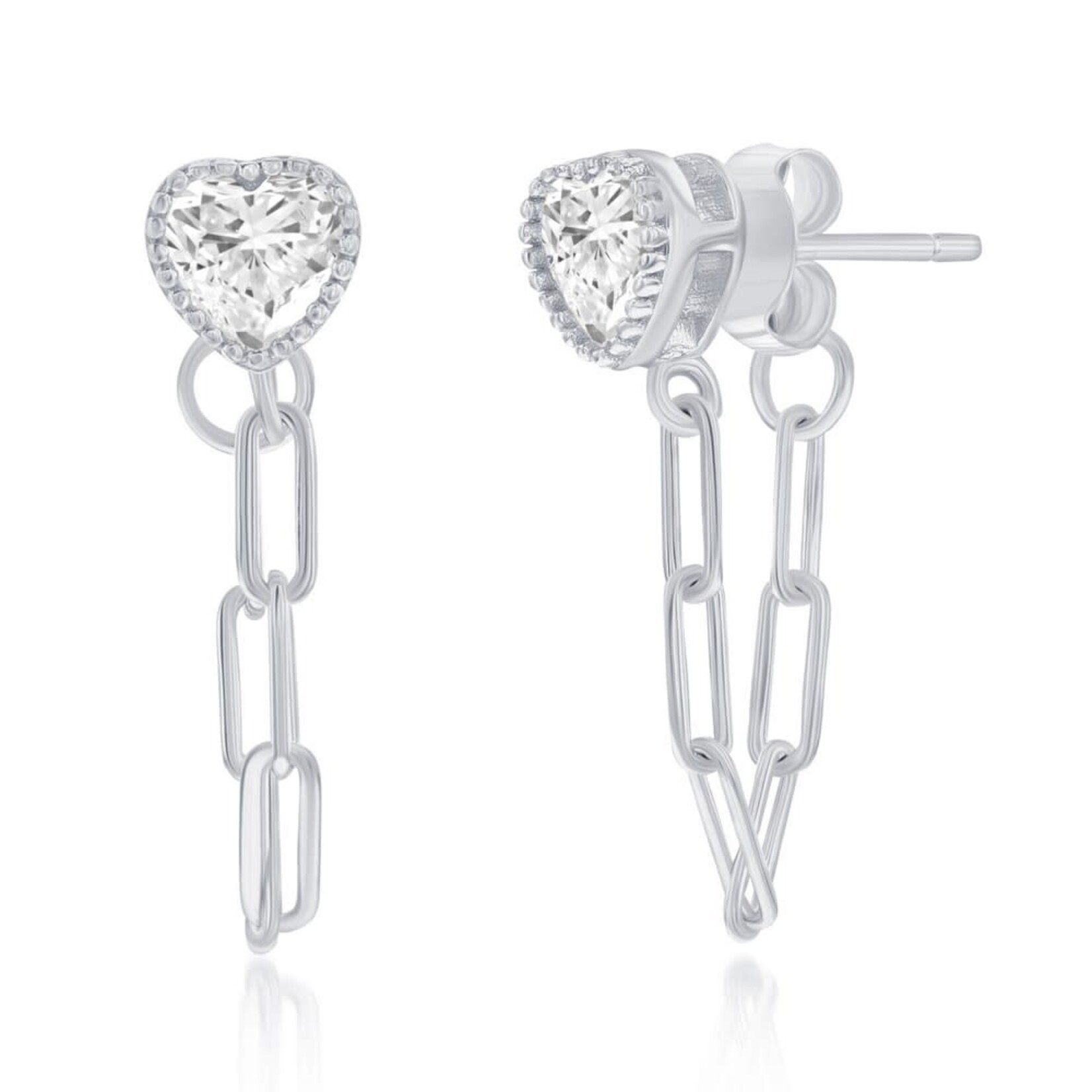 Sterling SilverHeart CZ Paperclip Stud Earrings