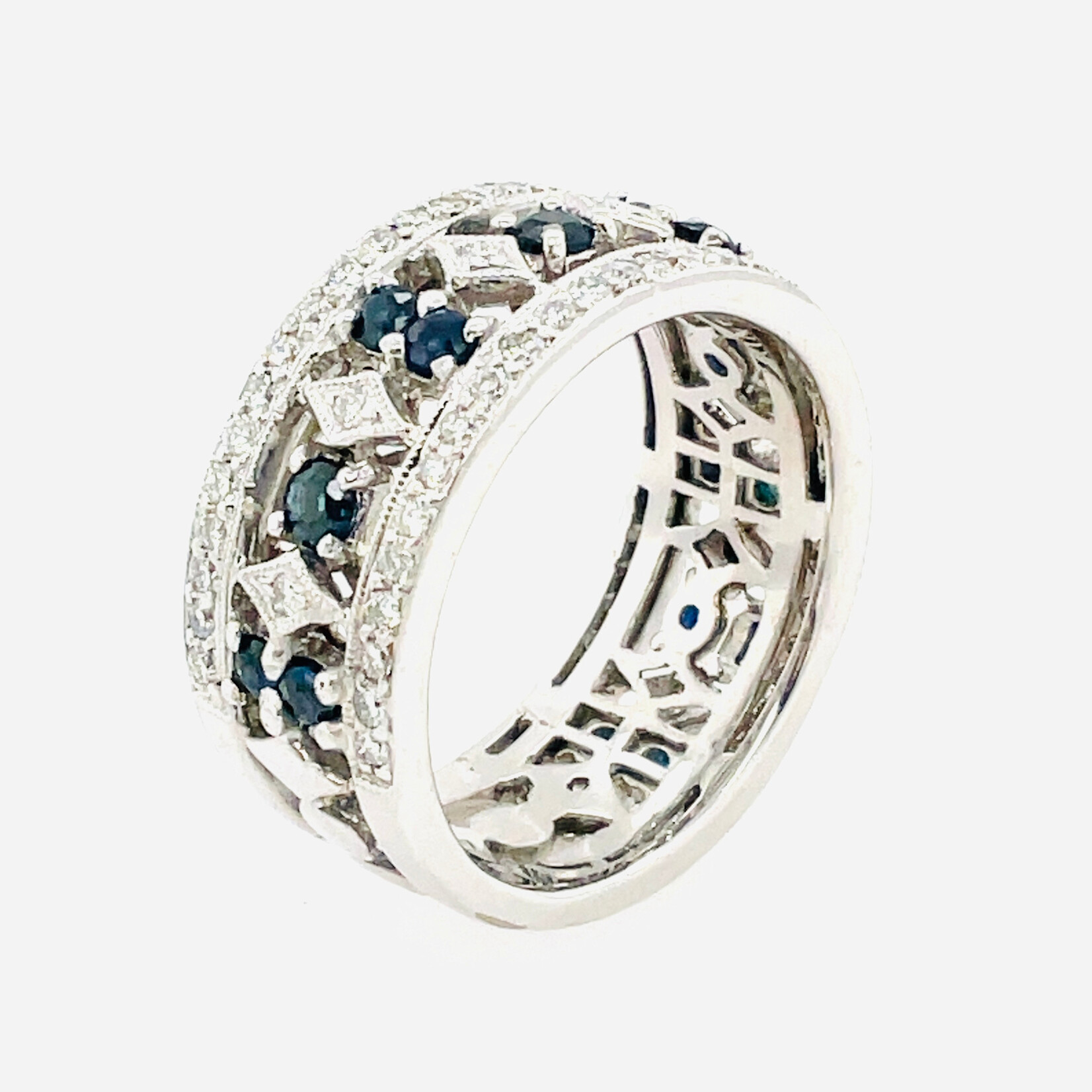 18 Kt WG Diamond + Sapphire Wide Band Ring