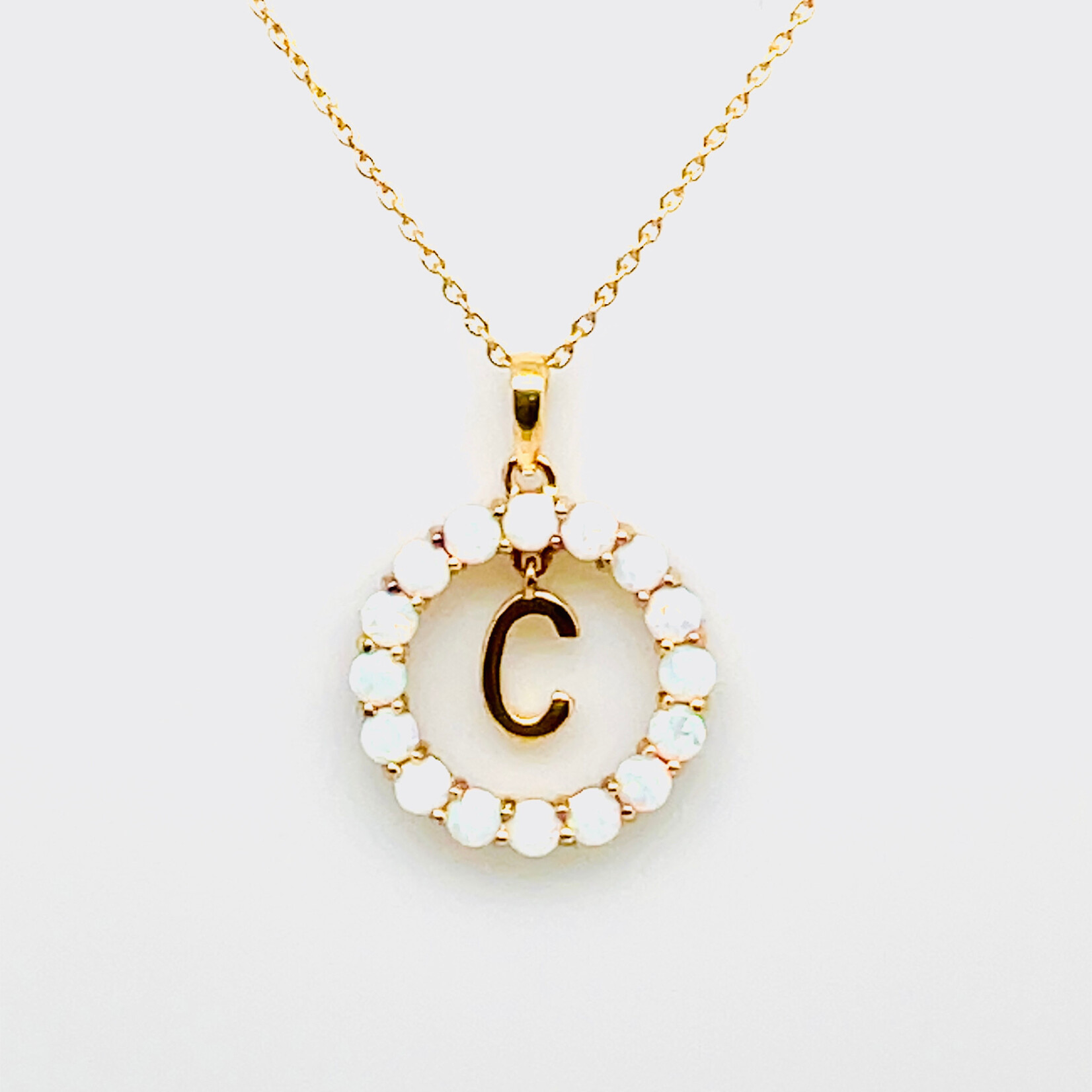 CB Diamonds 925 18" Yellow Gold Plated Created Milky Opal Letter Pendant