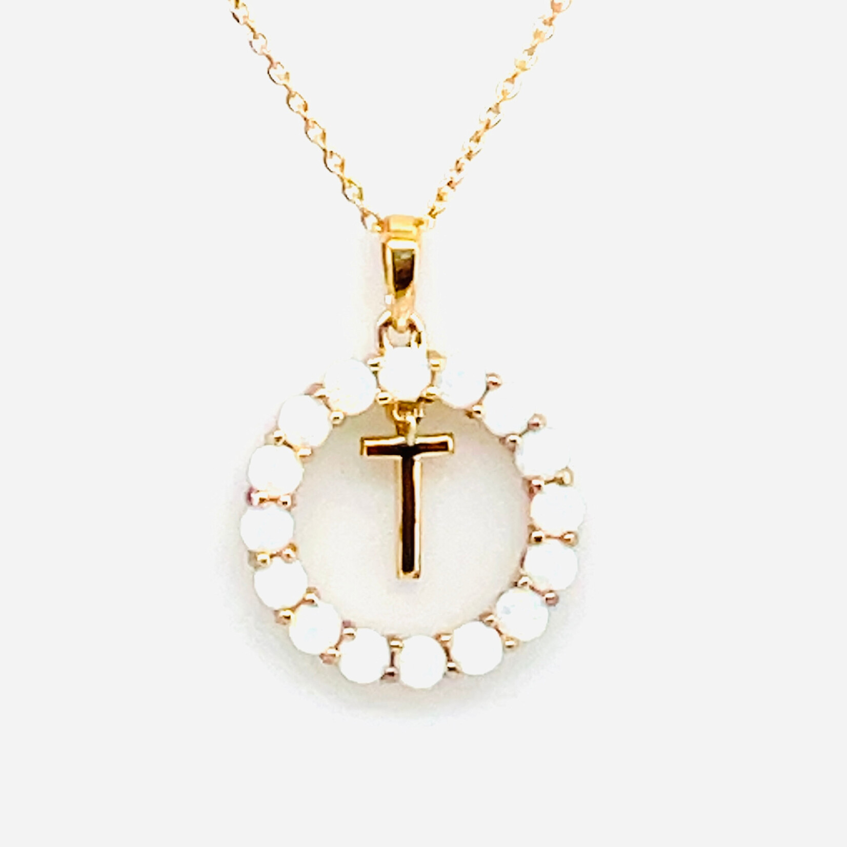 CB Diamonds 925 18" Yellow Gold Plated Created Milky Opal Letter Pendant