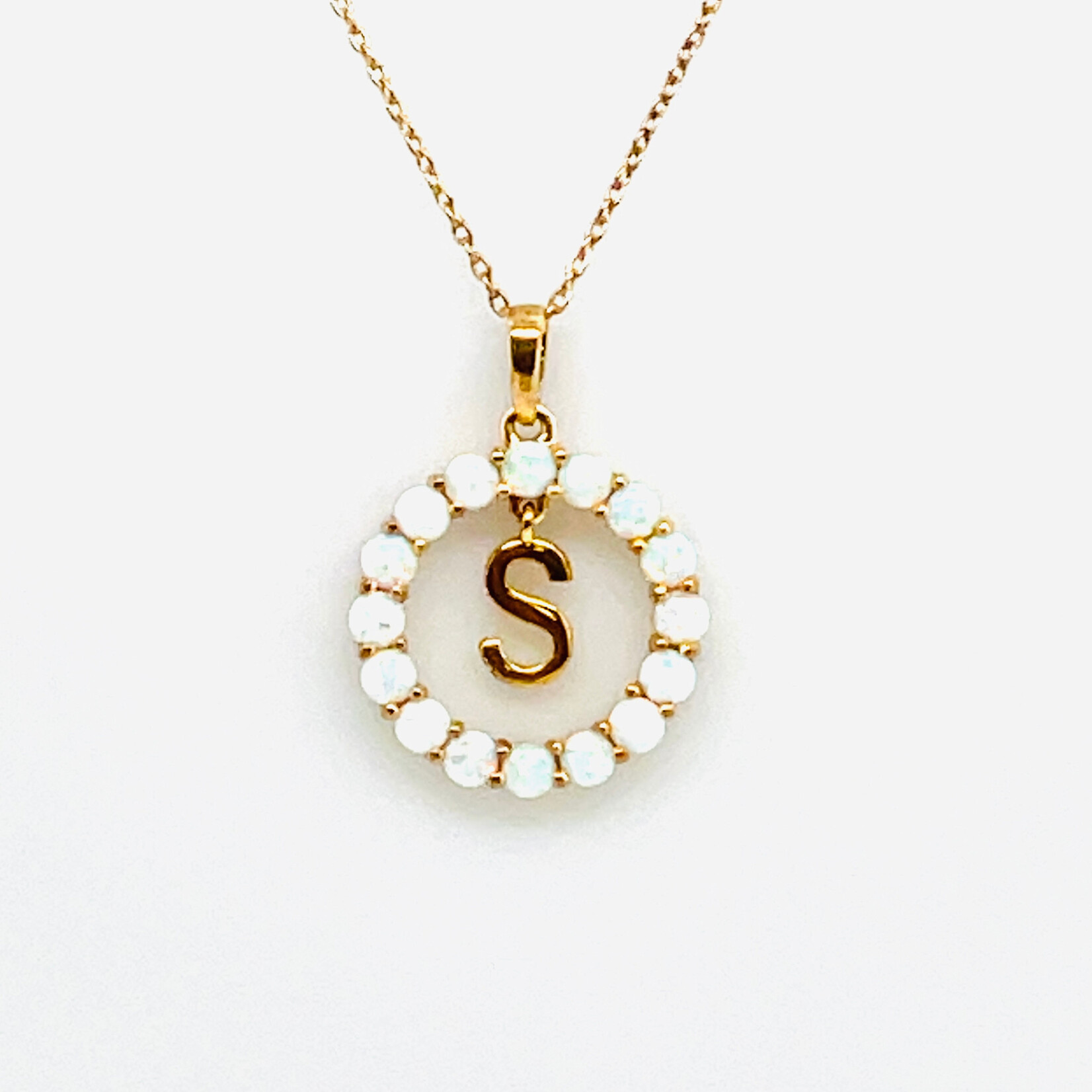 CB Diamonds 925 18" Yellow Gold Plated Created Milky Opal Letter Pendant