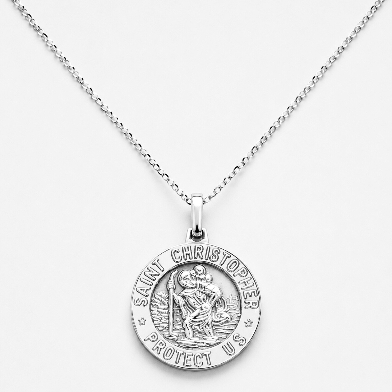 .925 Rhodium Plated St Christopher Necklace, 16"