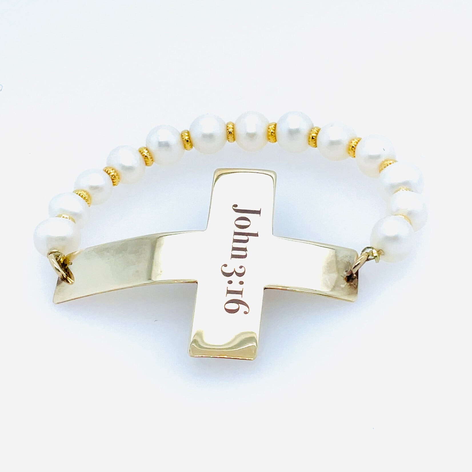 John 3:16 Sterling Silver Cross & Pearl Stretch Bracelet, Gold Plated