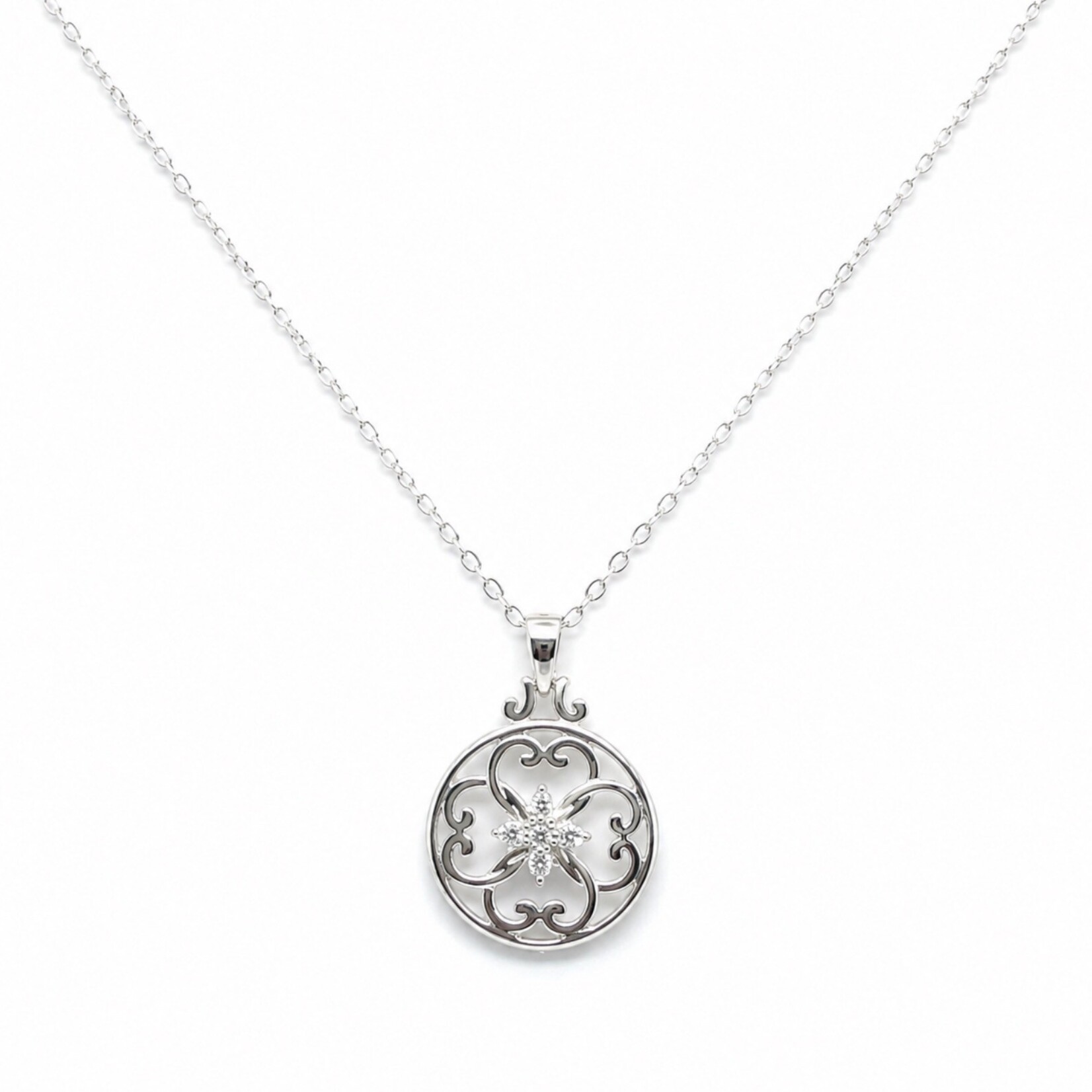 .925 Rhodium Plated Round Heart Scroll Necklace