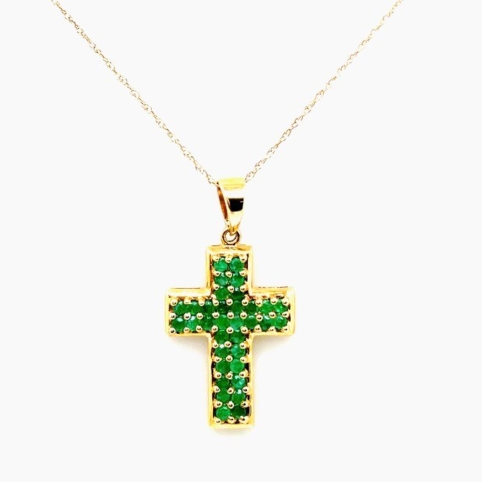 14 Kt Yellow Gold Emerald Cross Necklace