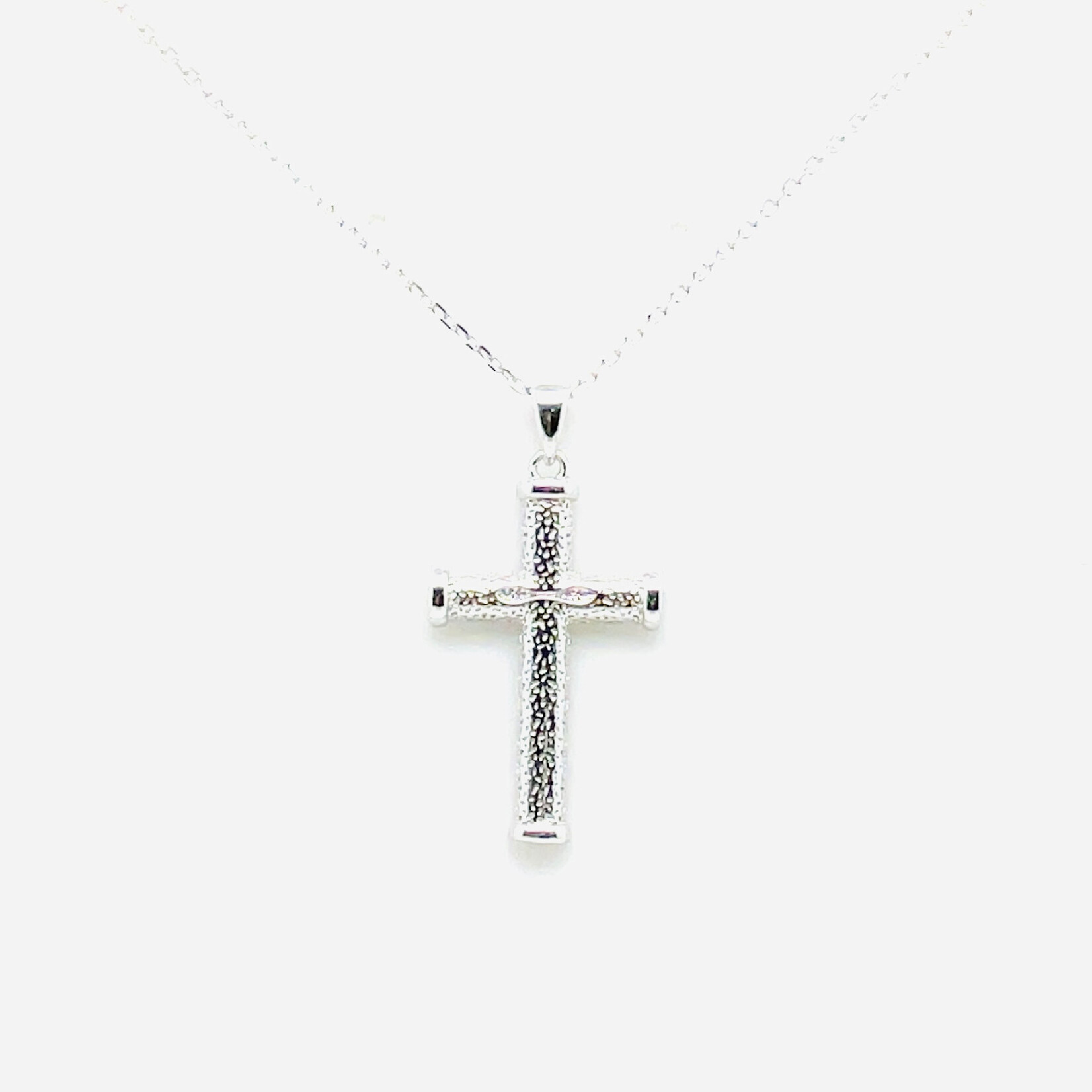.925 Rhodium Plated Log Cross Necklace