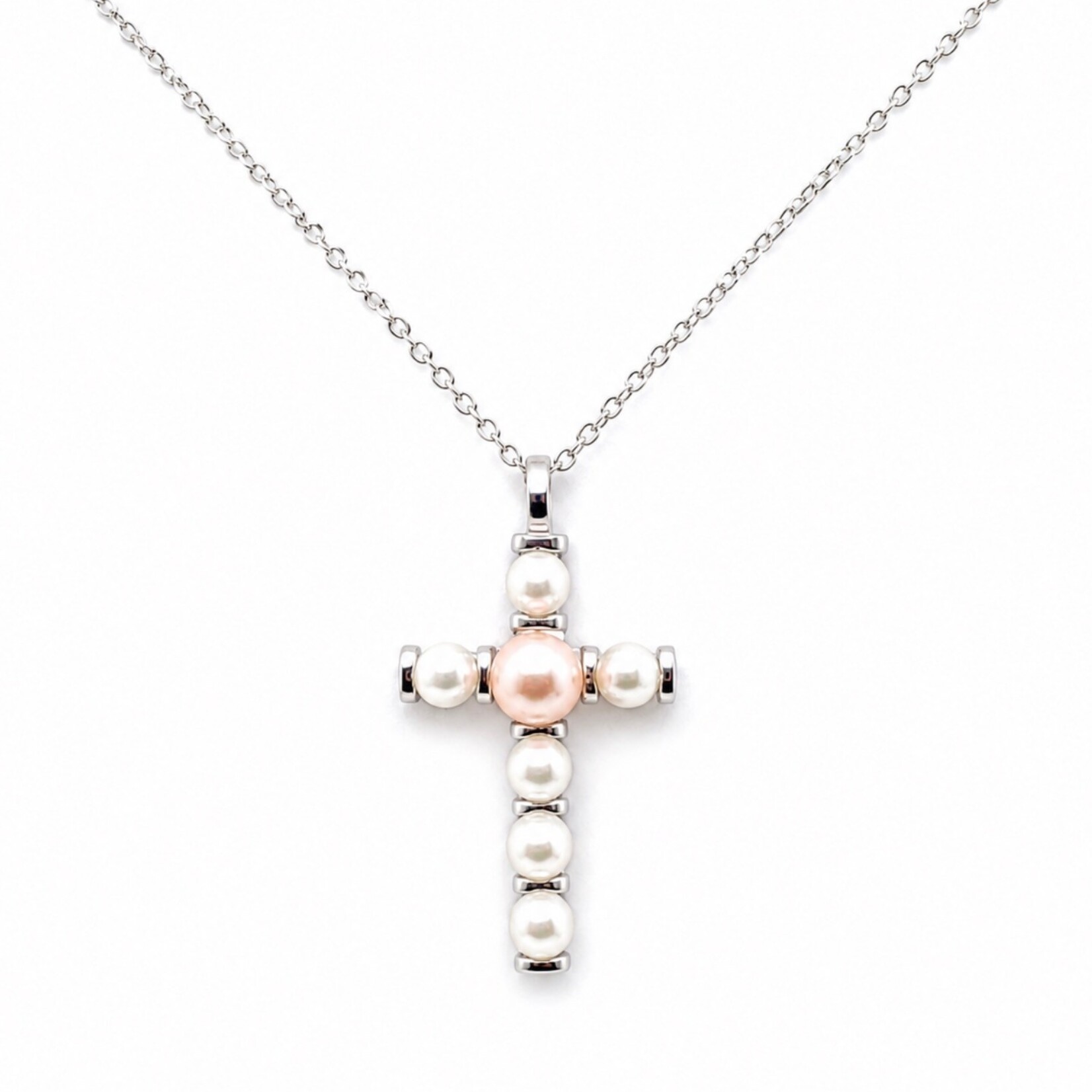 .925 Rhodium Plated Pearl Cross Necklace