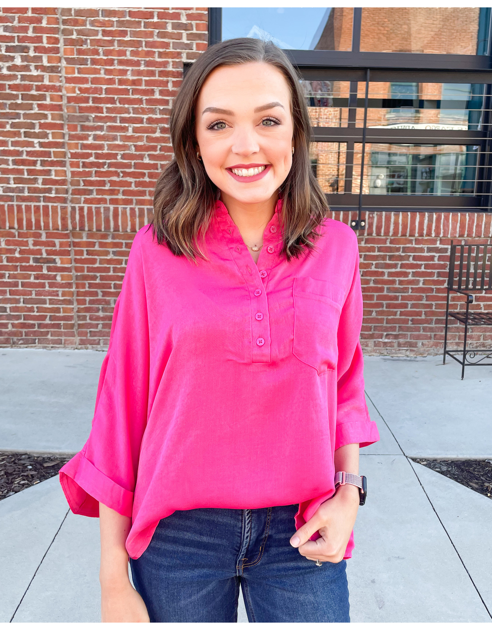 Hot Pink Satin Button Down Top