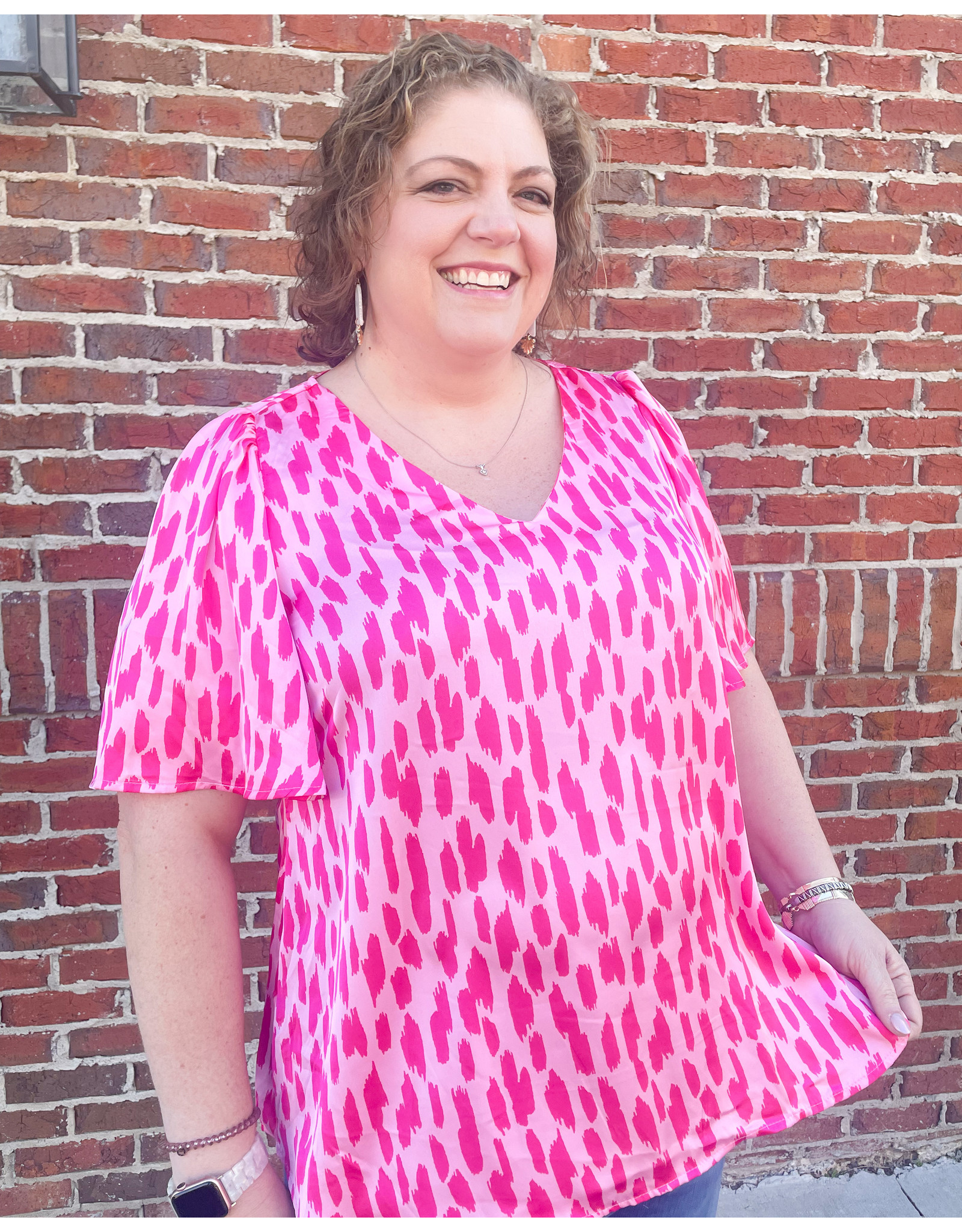 Hot Pink Top w/ Ruffle Sleeves Contrasting Brush Strokes