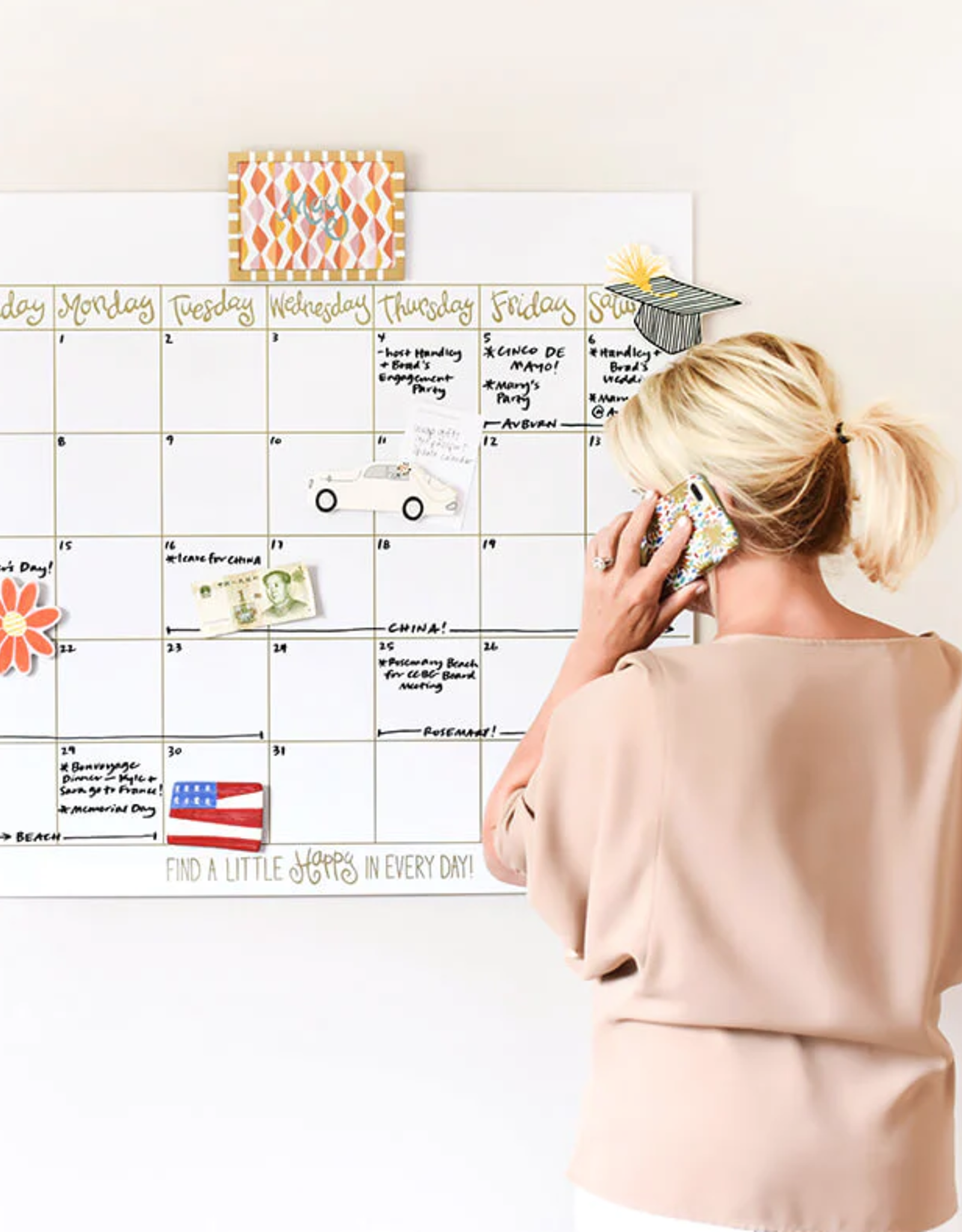 Magnetic Dry Erase Wall Calendar w/Gold Frame Attachment & Month Inserts