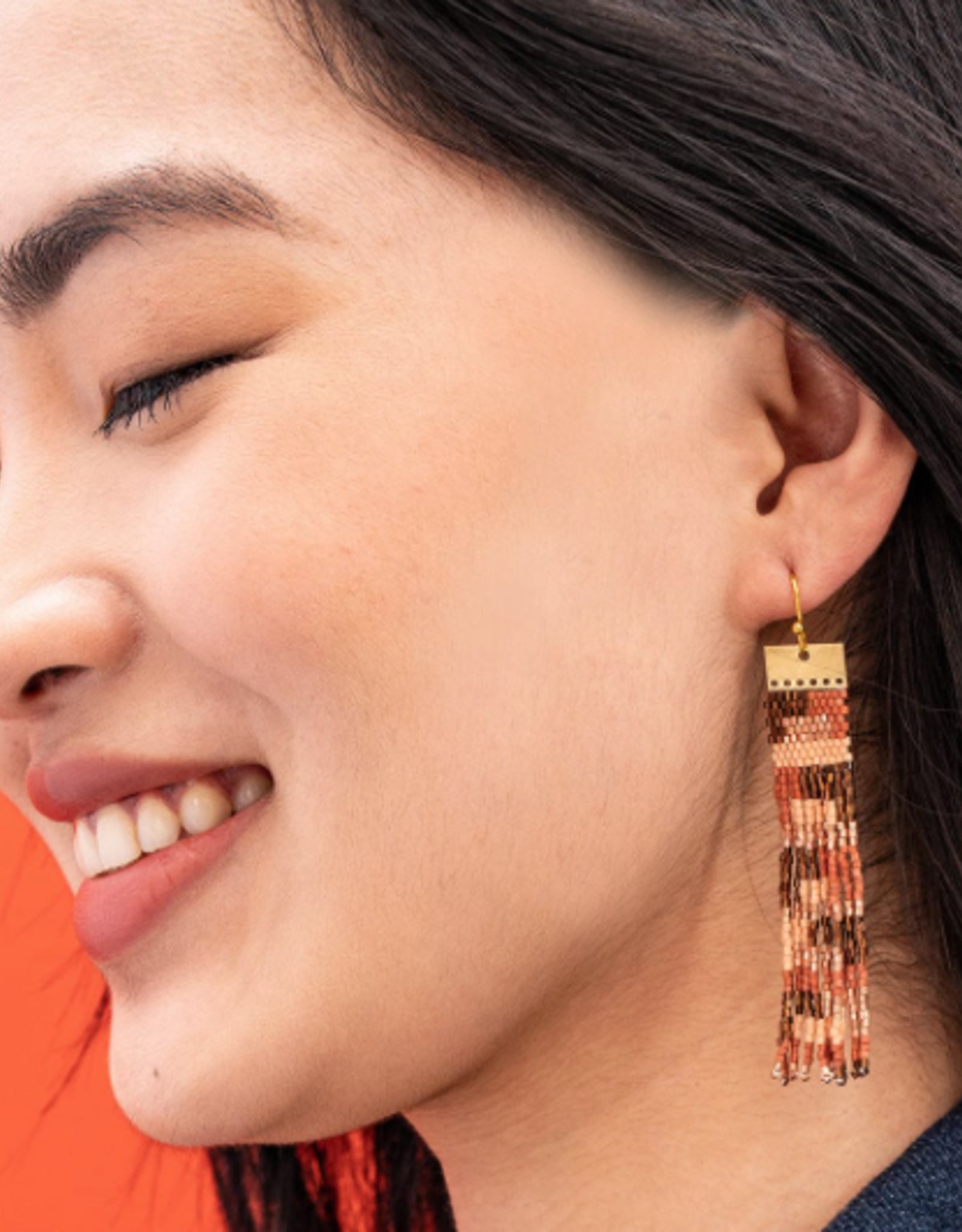 Earrings Ada Color Block Beaded Fringe Apricot/Bronze