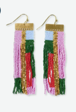 Earrings Mckenzie Brass Bar Long Fringe Pink & Olive