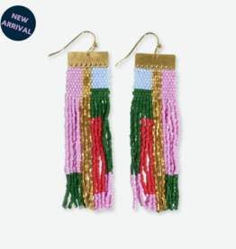 Earrings Mckenzie Brass Bar Long Fringe Pink & Olive