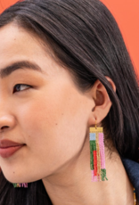 Earrings Mckenzie Brass Bar Long Fringe Pink & Olive