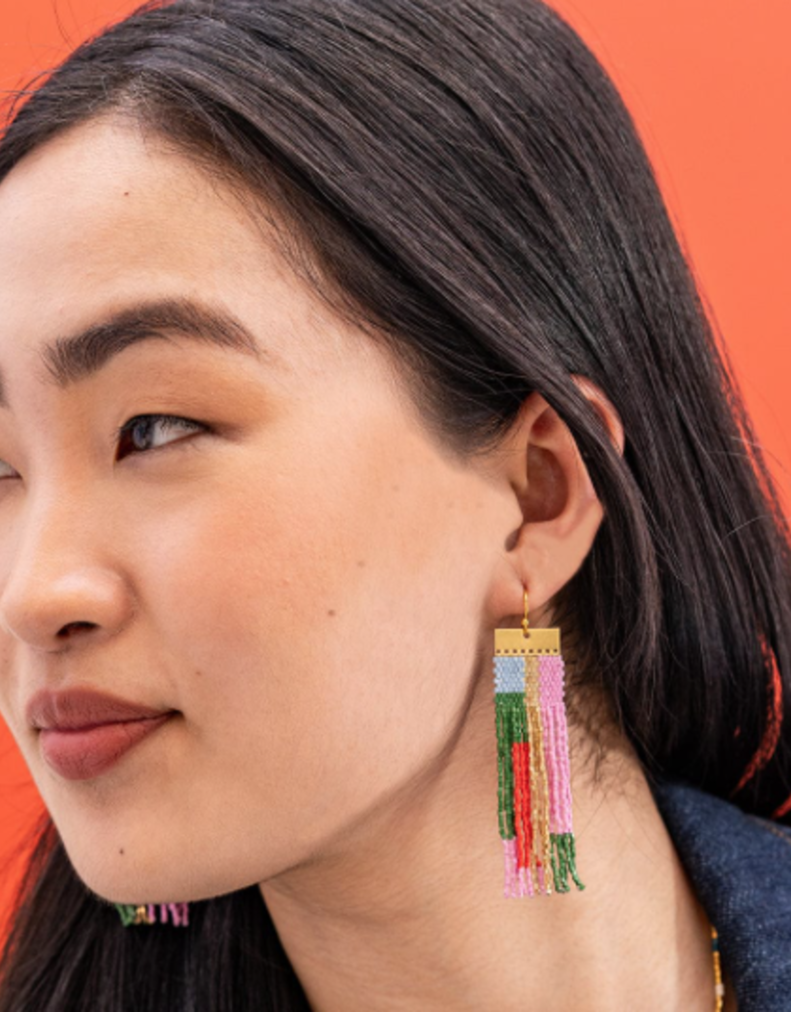 Earrings Mckenzie Brass Bar Long Fringe Pink & Olive