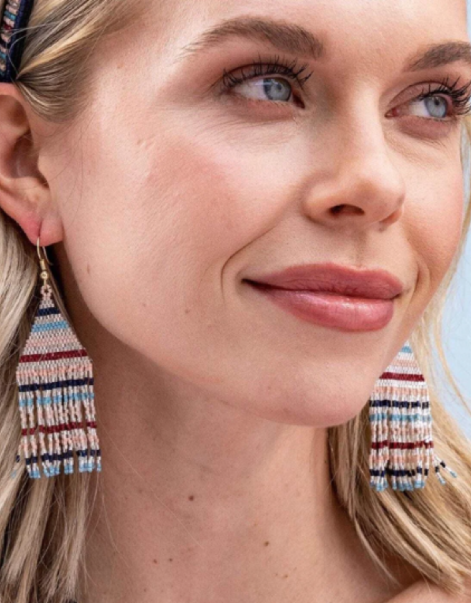 Earring Lexie Horizontal Lines Beaded Fringe Mixed Silver