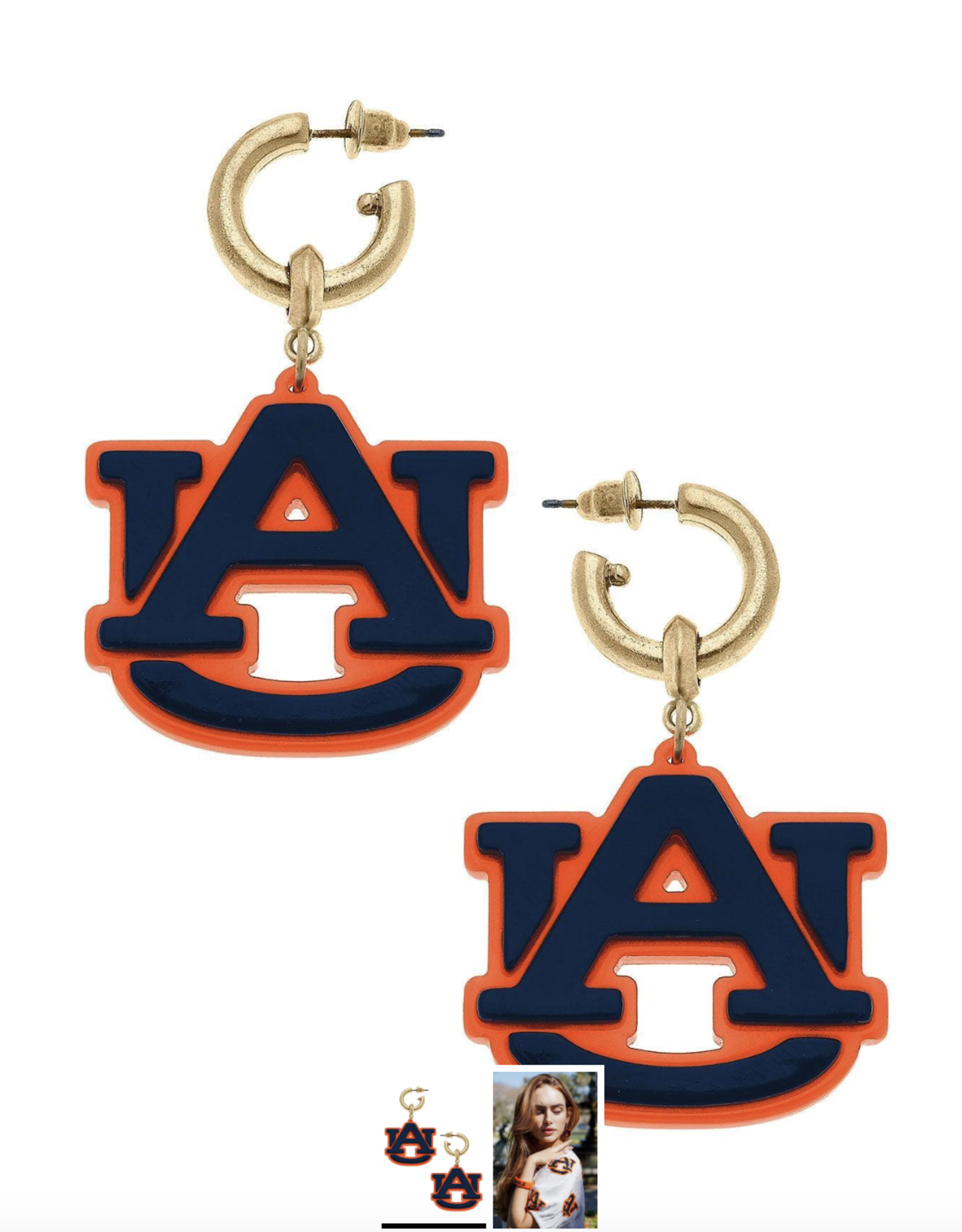 Earrings Drop Hoop Auburn Tiger Resin Logo Navy