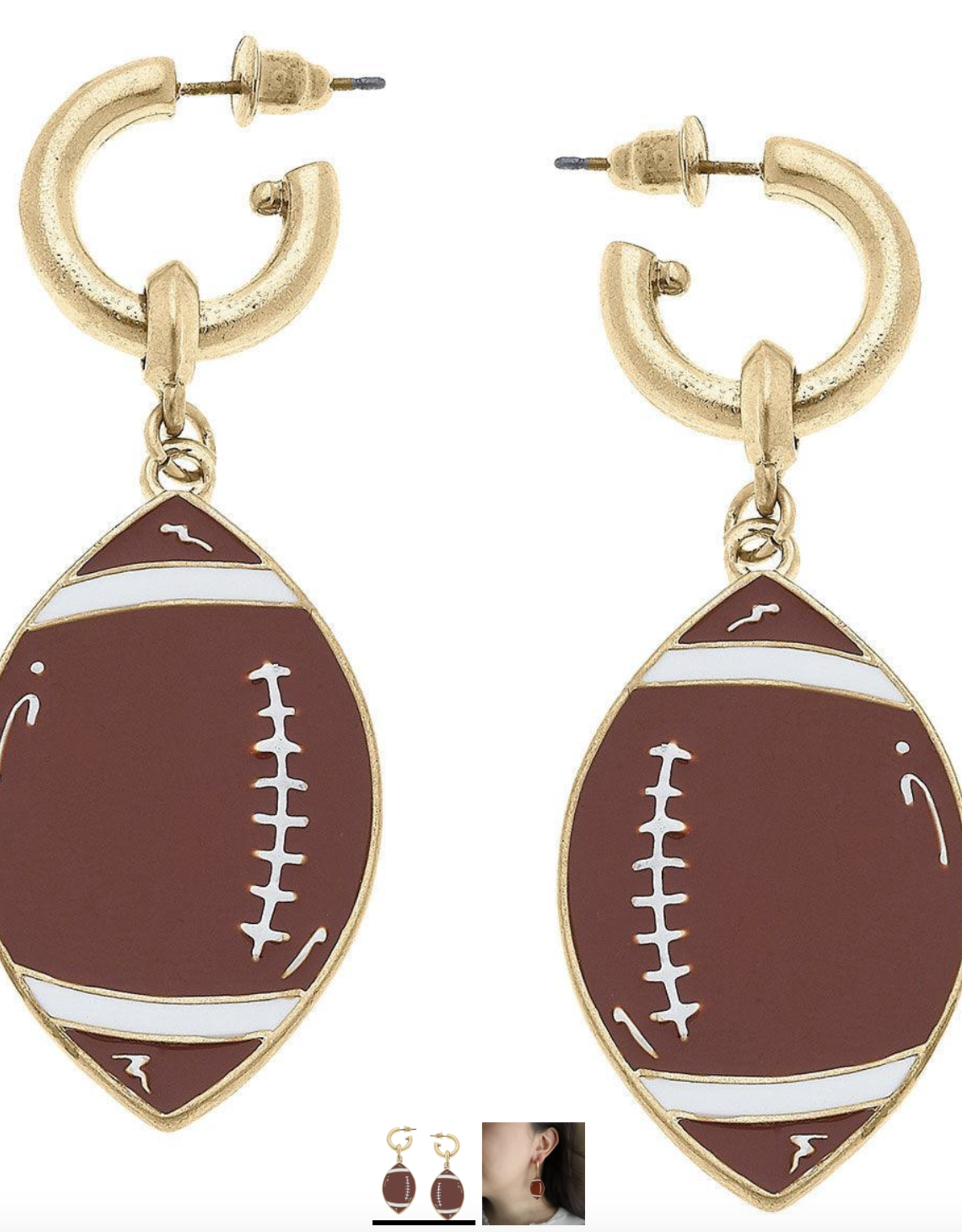 Earrings Game Day Enamel Football Drop Hoop Worn Gold 2.3"