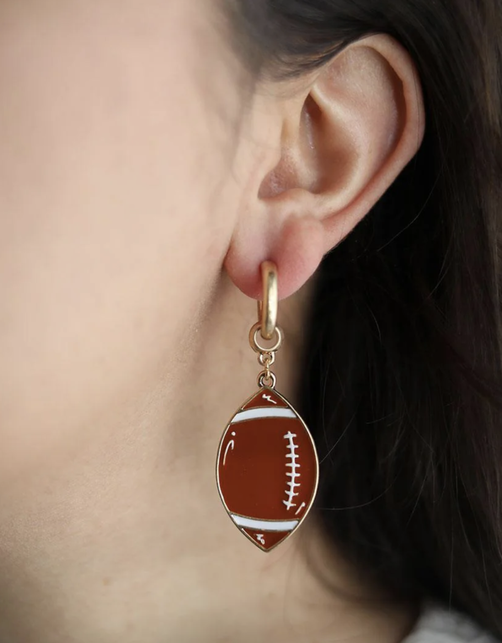 Earrings Game Day Enamel Football Drop Hoop Worn Gold 2.3"