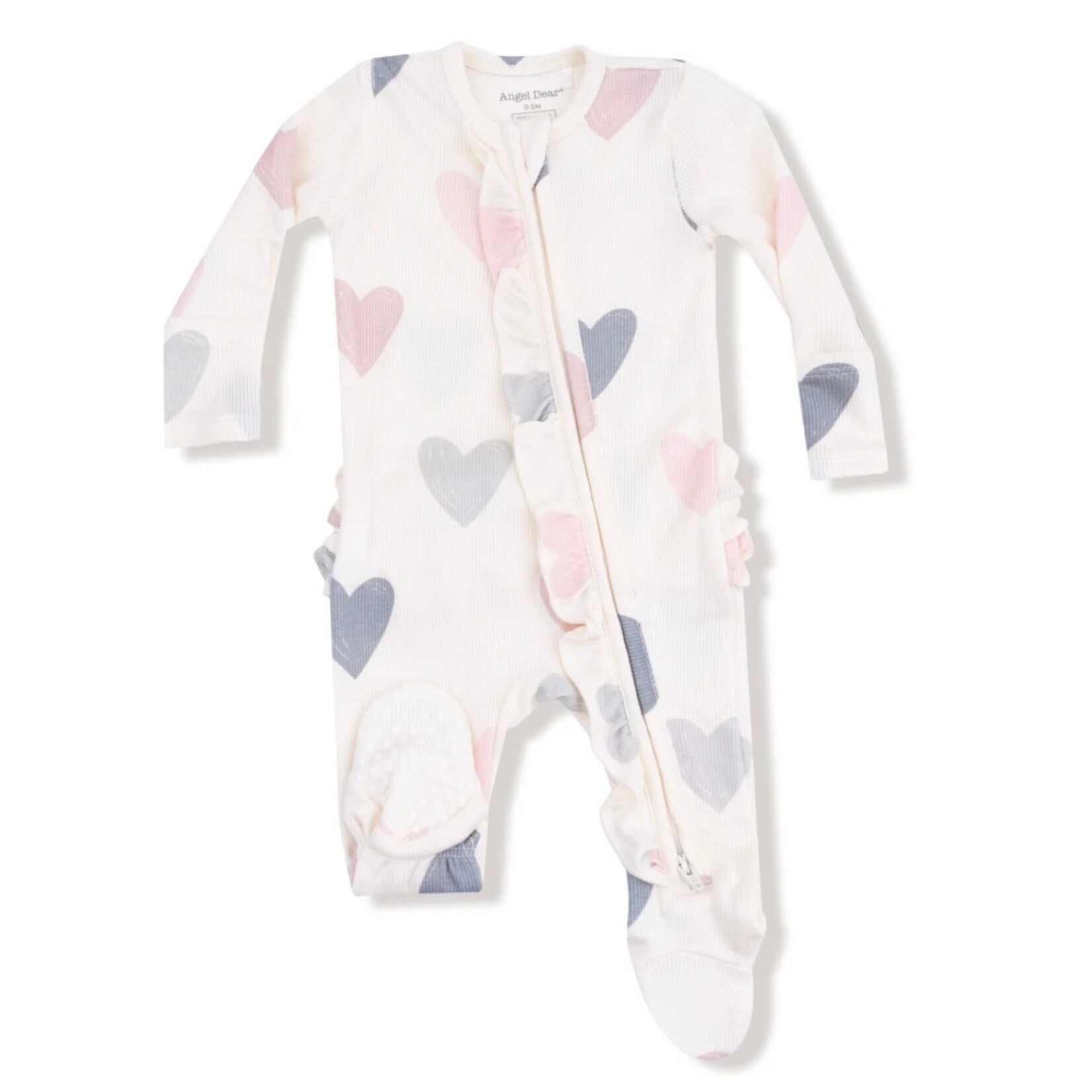 Angel Dear Angel Dear -Modal Ribbed Hearts 2 Way Zipper Ruffle Footie