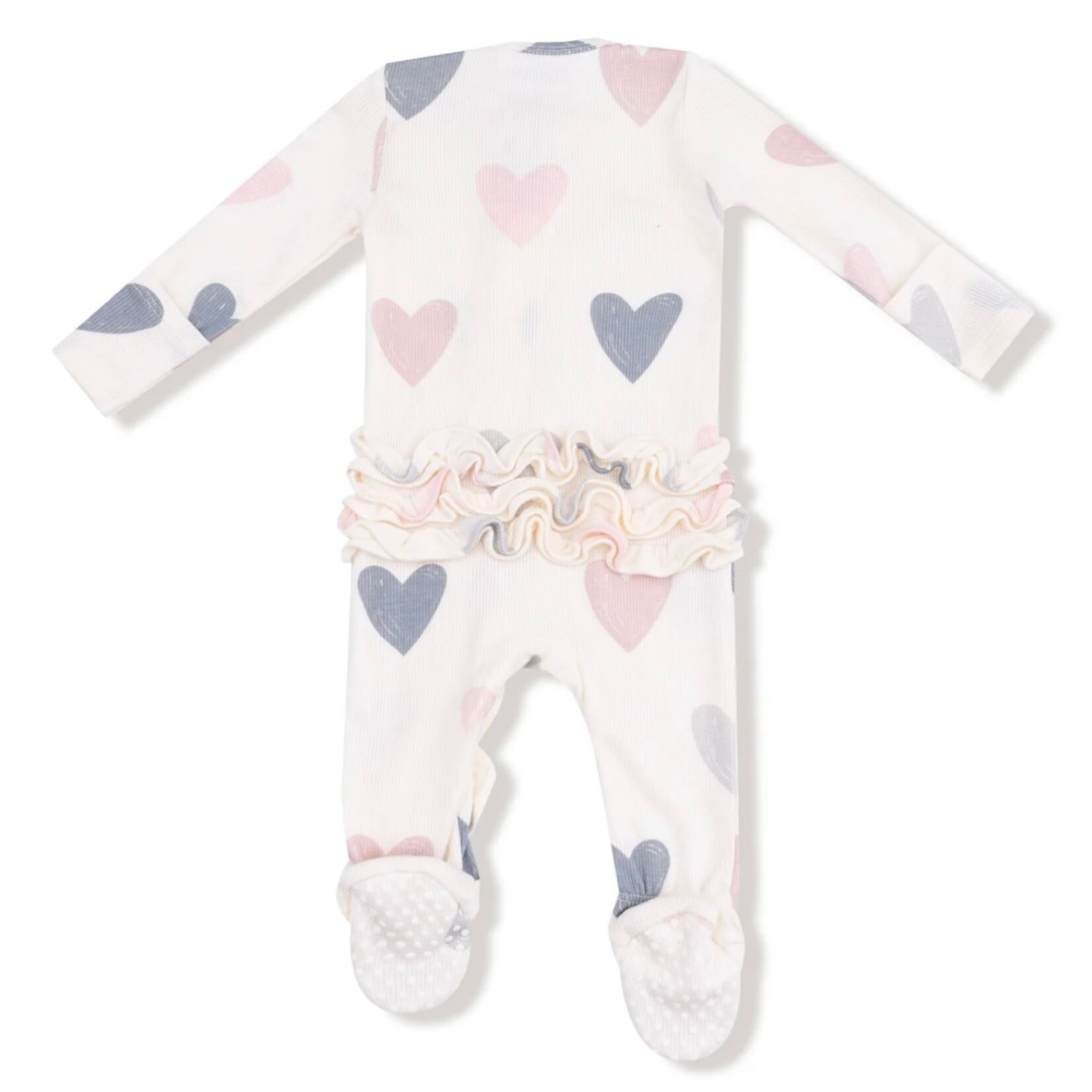 Angel Dear Angel Dear -Modal Ribbed Hearts 2 Way Zipper Ruffle Footie