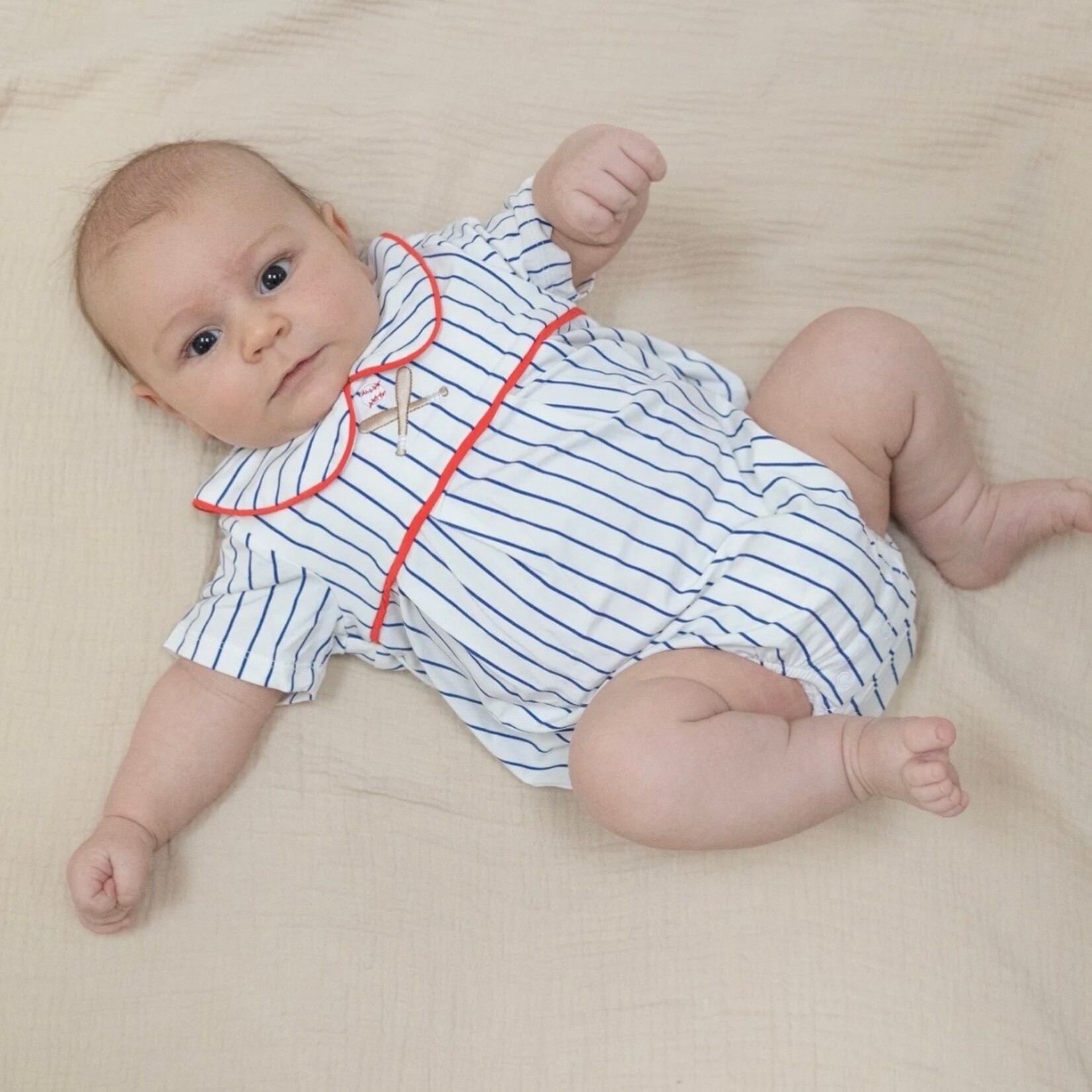 Angel Dear Angel Dear - Baseball Stripe Classic Box Pleat Romper