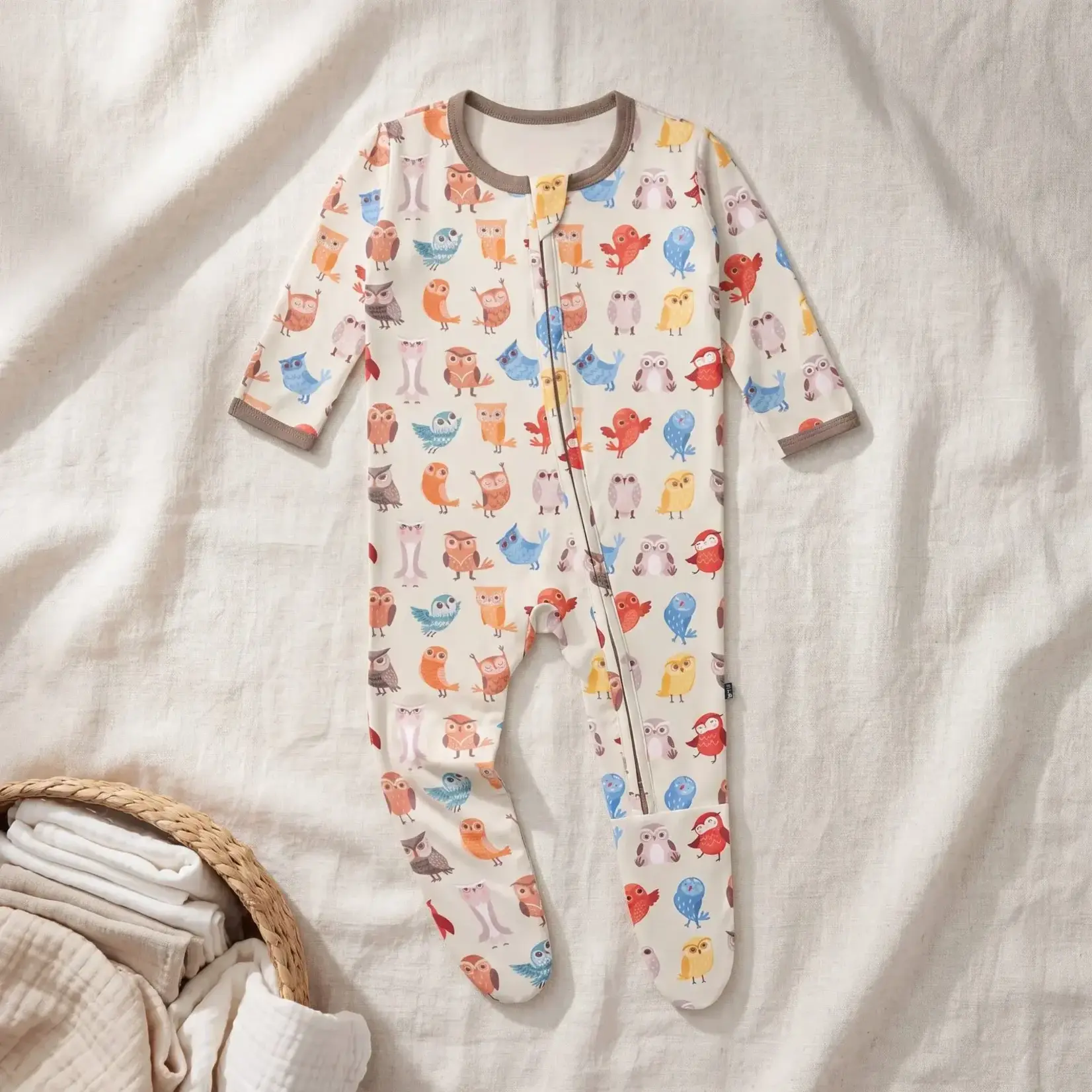 KicKee Pants KicKee Pants - 2 Way Footie Zipper Natural Owls
