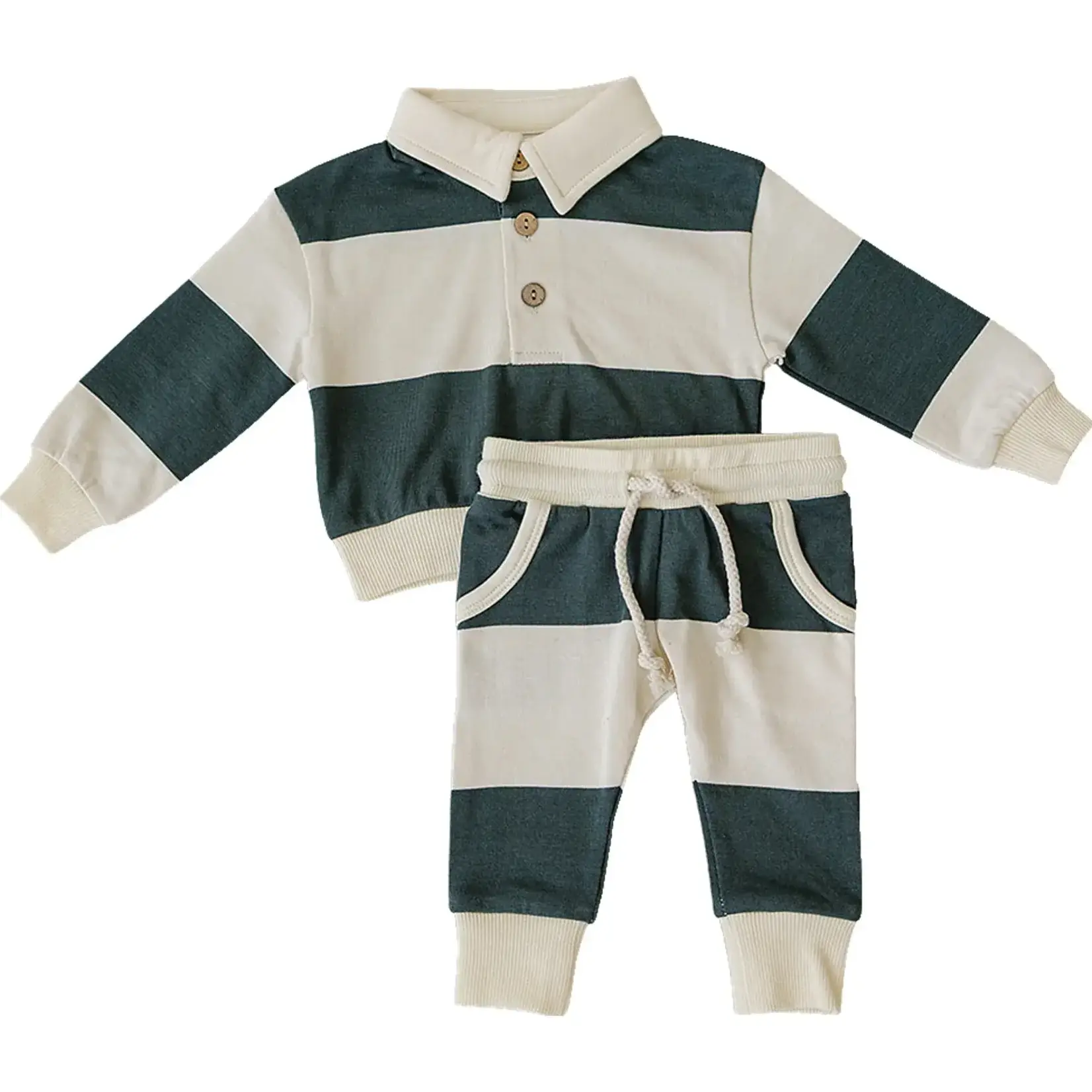 Mebie Baby Mebie Baby - Green Stripe Collared French Terry Set