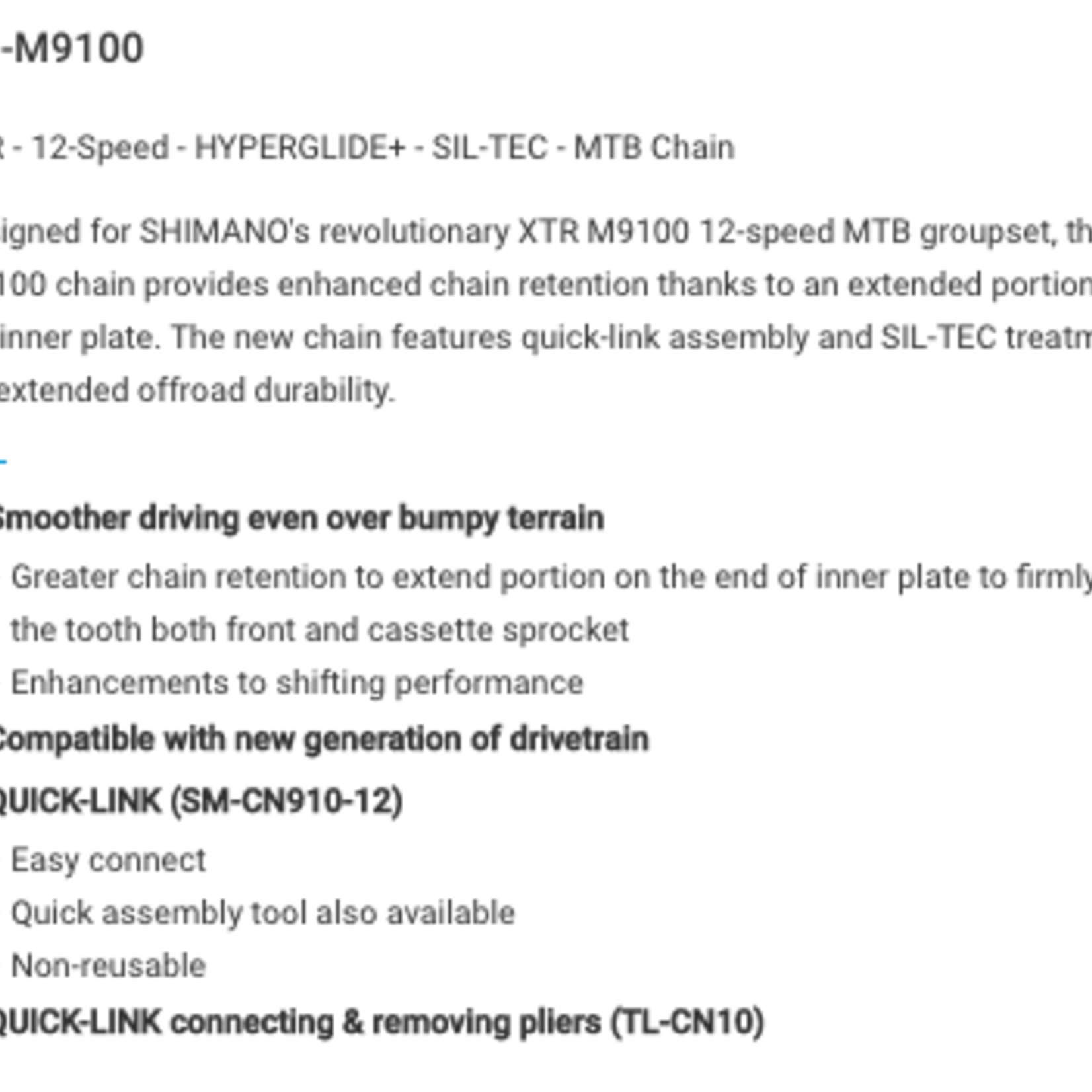 Shimano Shimano CN-M9100 CHAIN 12-SPEED XTR w/QUICK LINK 126 LINKS