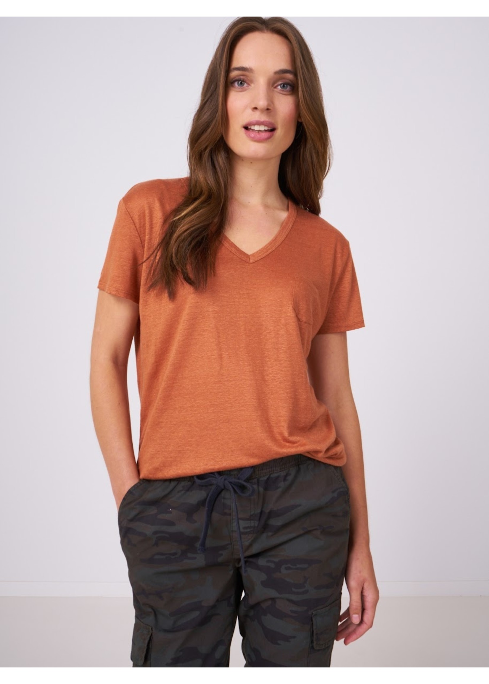 Repeat Repeat - Basic Pure Linen V-Neck T-Shirt With Chest Pocket