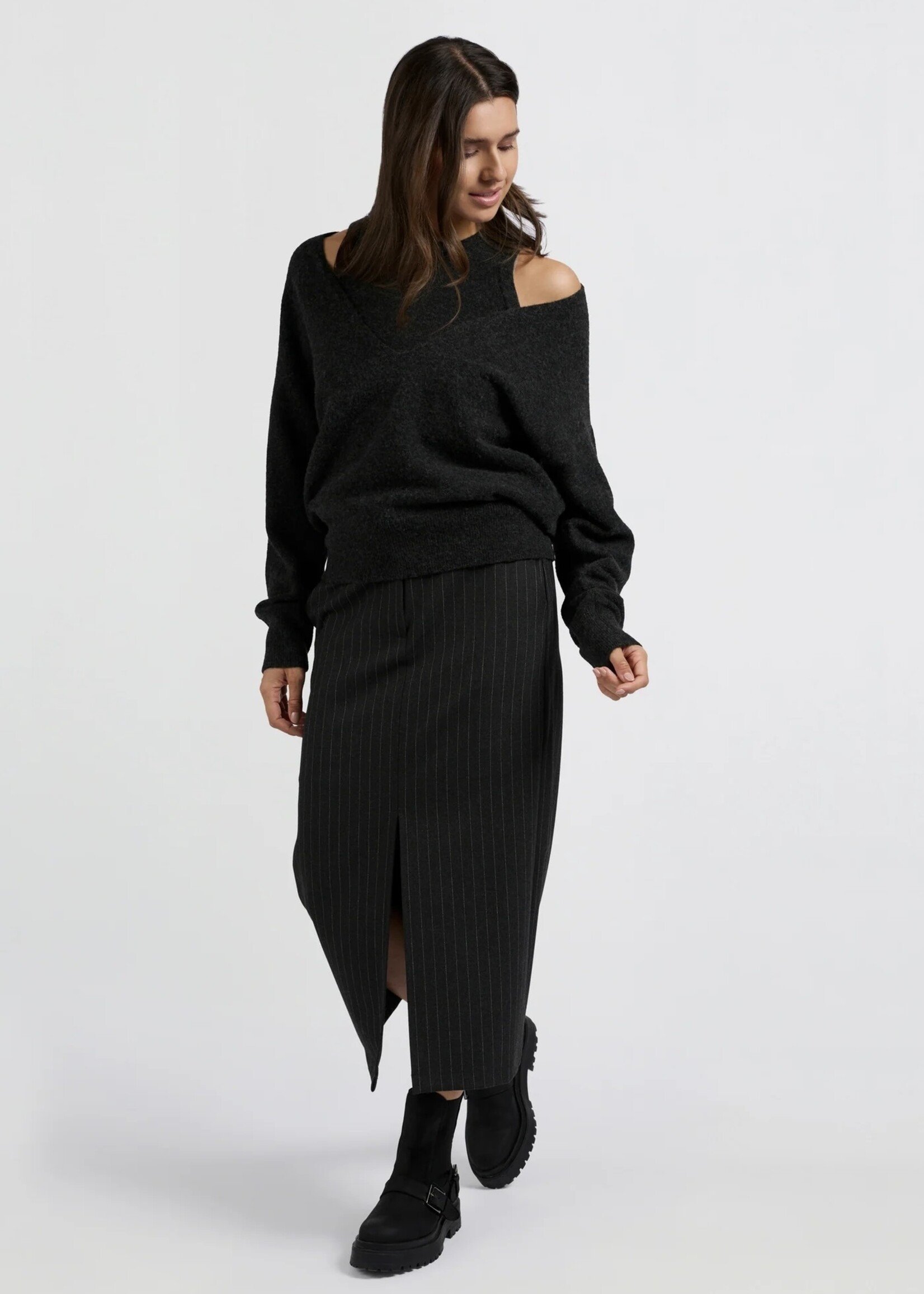 YAYA Yaya - Soft Woven Pinstripe Midi Skirt