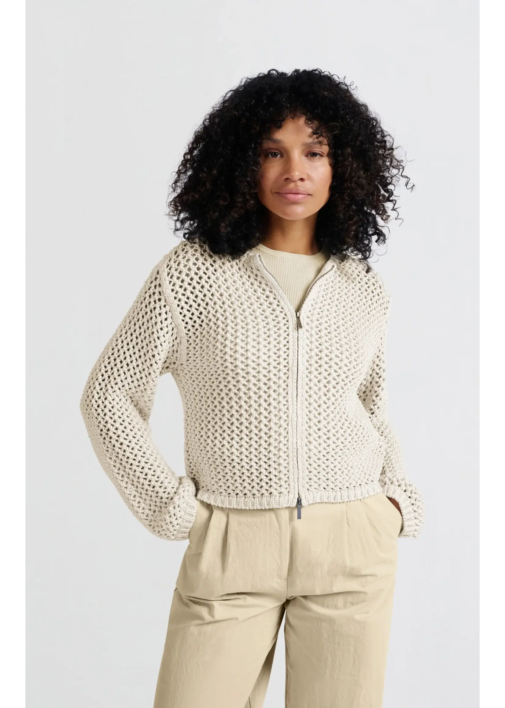 YAYA Yaya - Mesh Stitch Cardigan with Zipper
