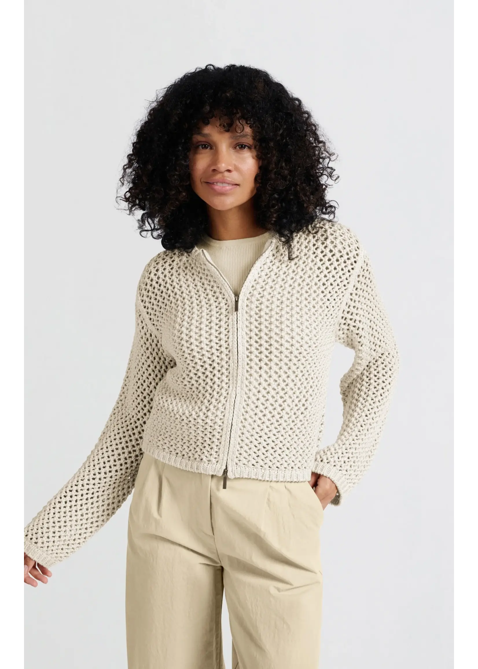 YAYA Yaya - Mesh Stitch Cardigan with Zipper