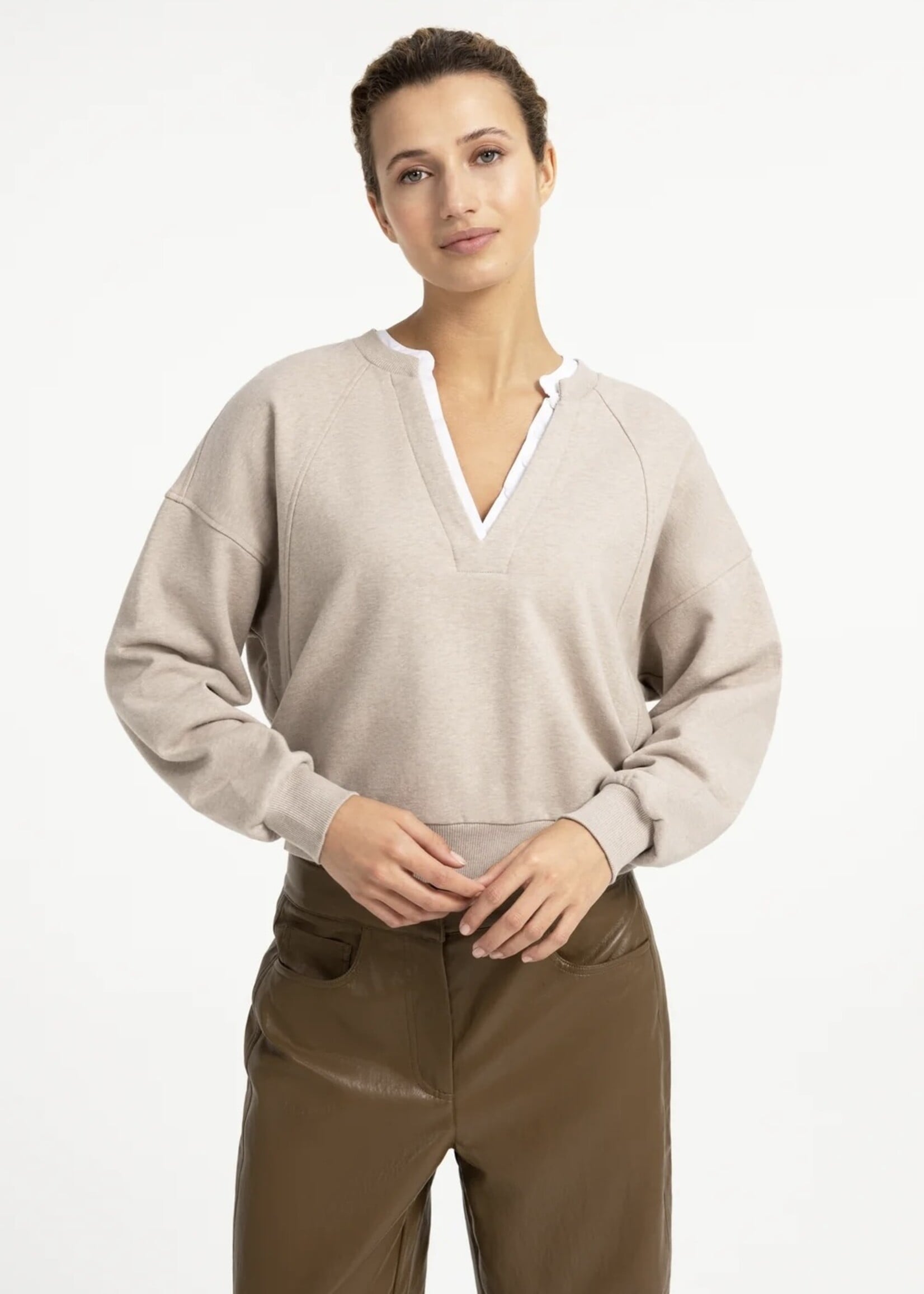 YAYA YAYA - V-Neck Sweatshirt With Woven Collar