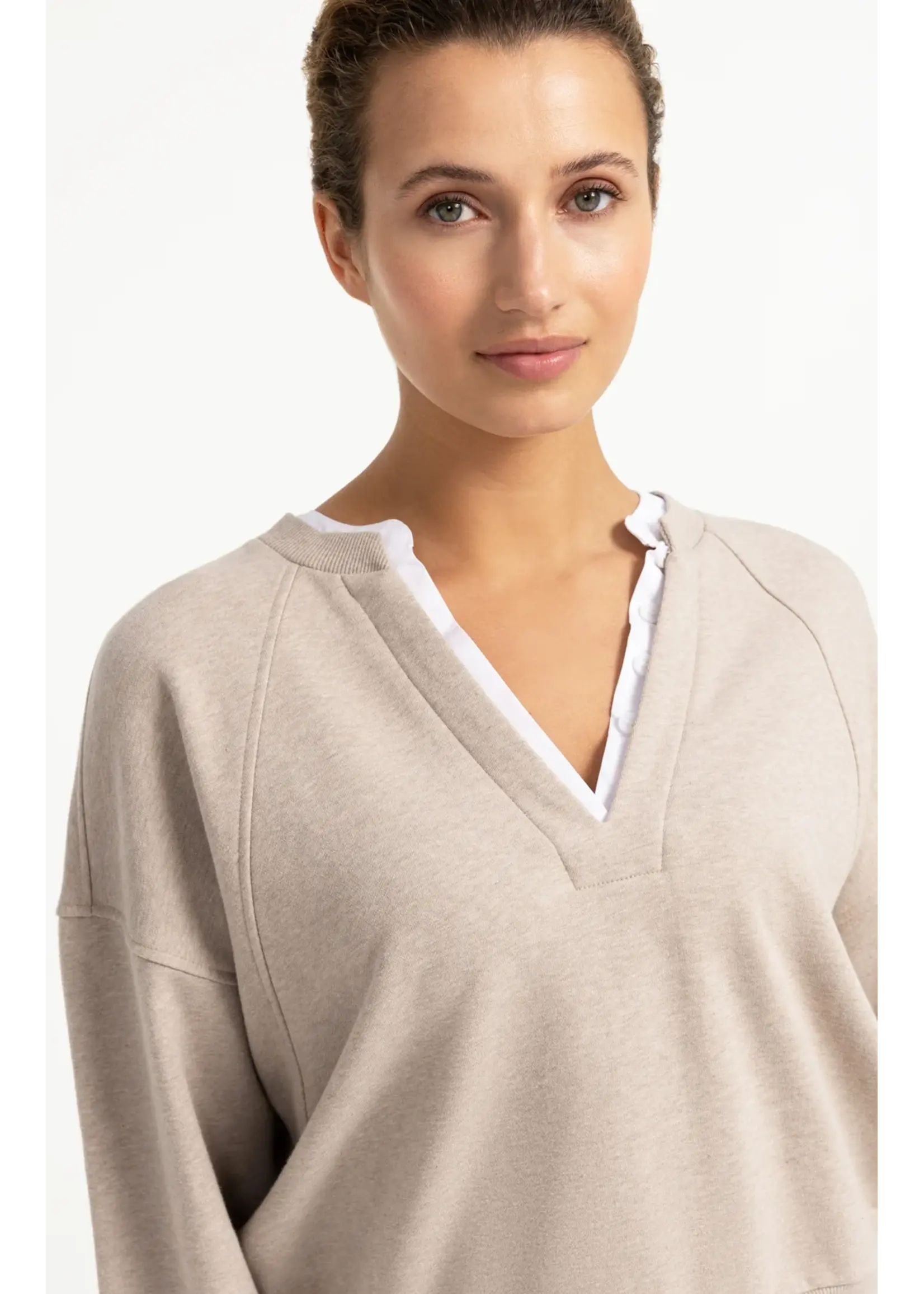 YAYA YAYA - V-Neck Sweatshirt With Woven Collar
