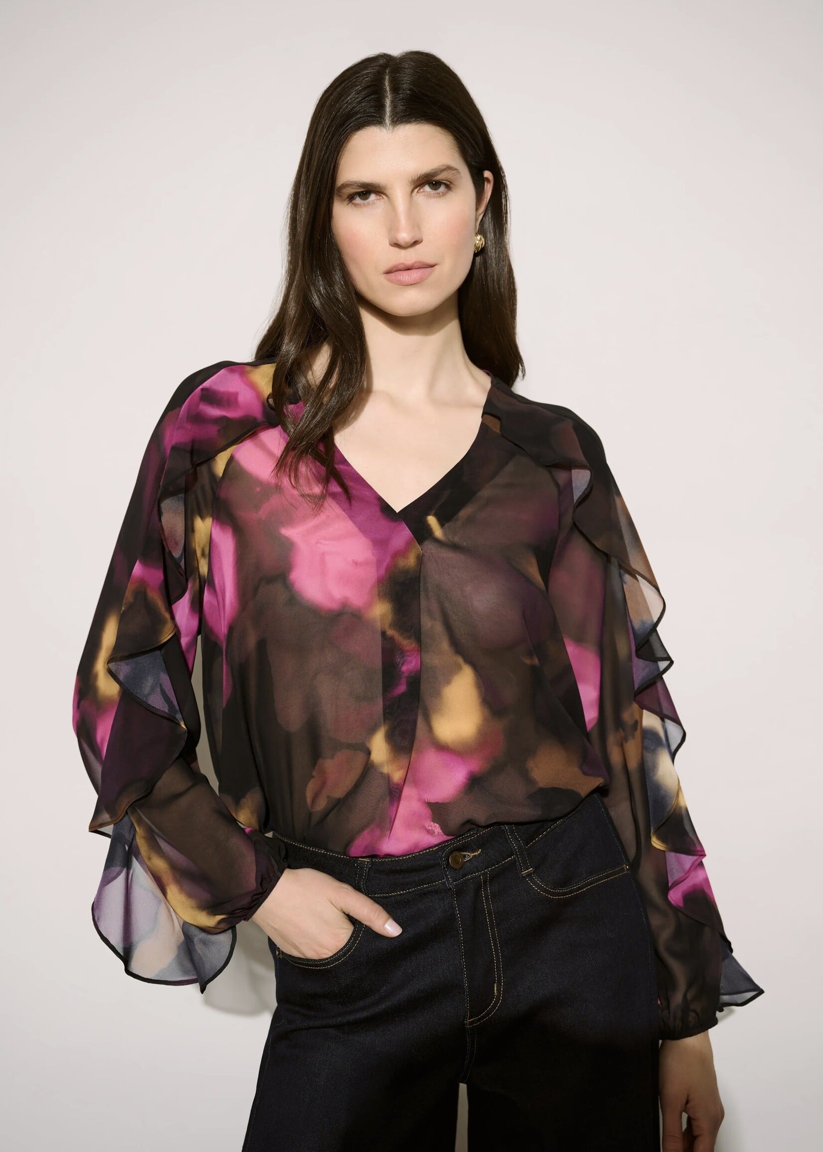 Joseph Ribkoff Joseph Ribkoff Edit 57 - Floral Chiffon V-Neck Ruffle Blouse 264214