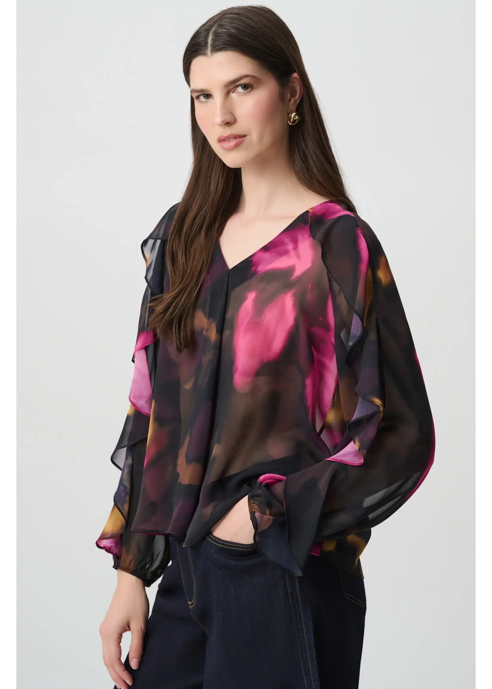 Joseph Ribkoff Joseph Ribkoff Edit 57 - Floral Chiffon V-Neck Ruffle Blouse 264214