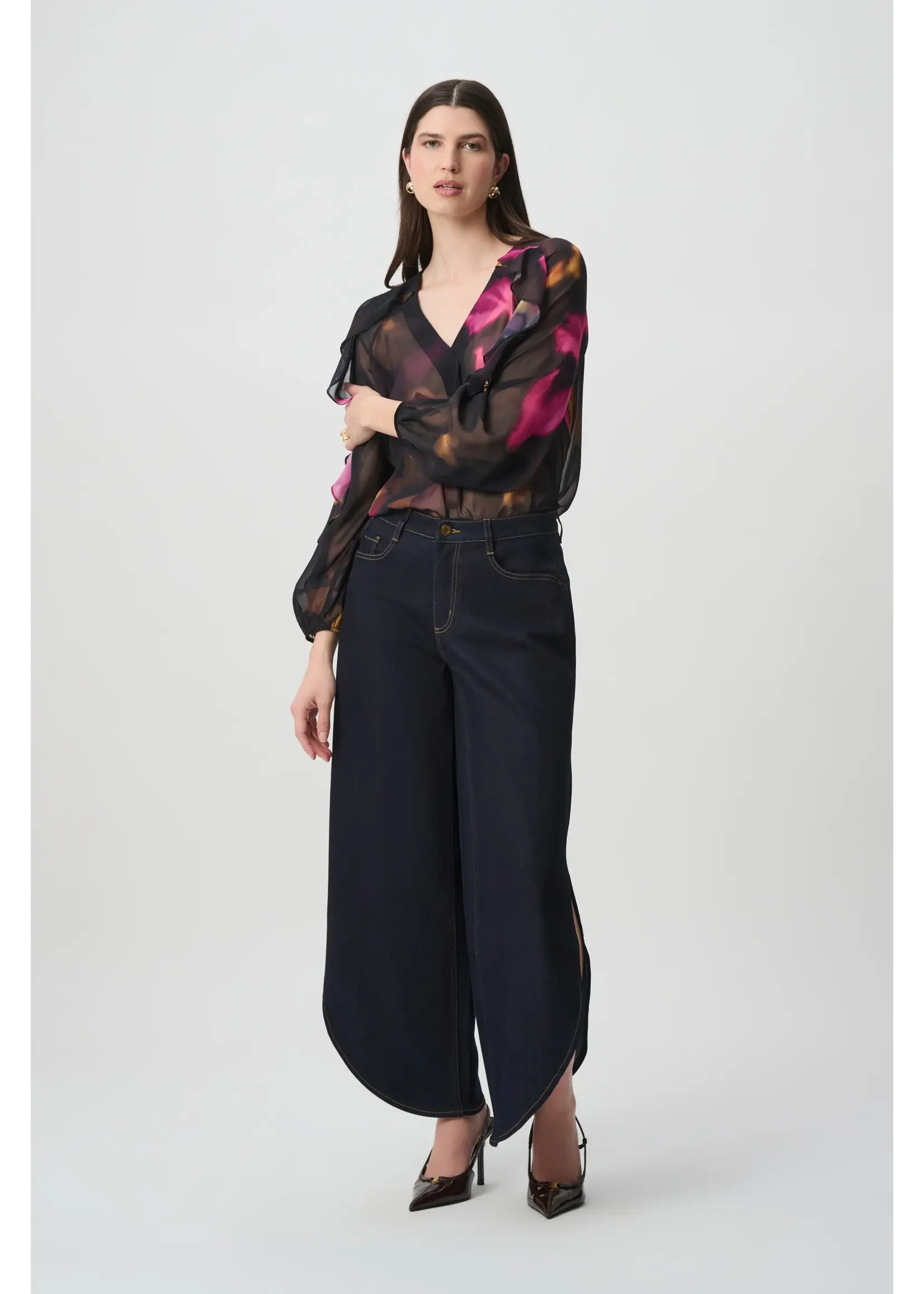 Joseph Ribkoff Joseph Ribkoff Edit 57 - Floral Chiffon V-Neck Ruffle Blouse 264214