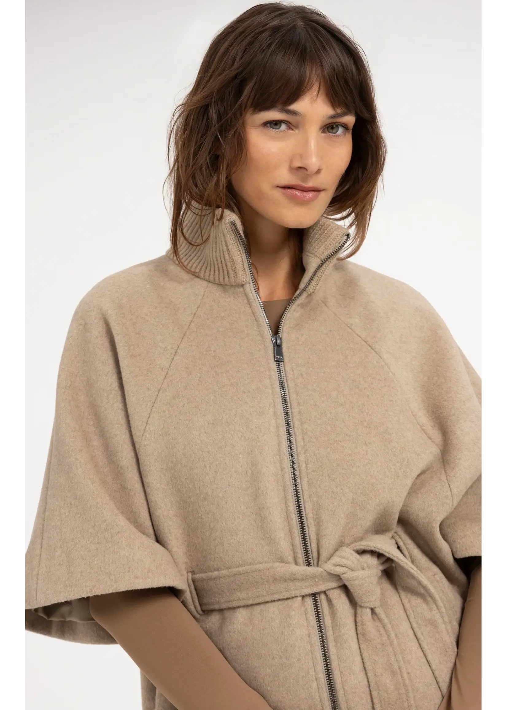 YAYA Yaya - Soft woven wool mix poncho jacket with rib collar