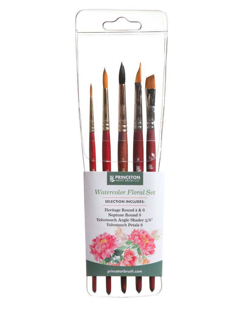 Watercolor Floral Professional 5-Brush Set, 5-Brush Floral Set (Heritage Round 2 & 6, Neptune Round 8, Velvetouch Angle Shader 3/8", Velvetouch Petals 8)