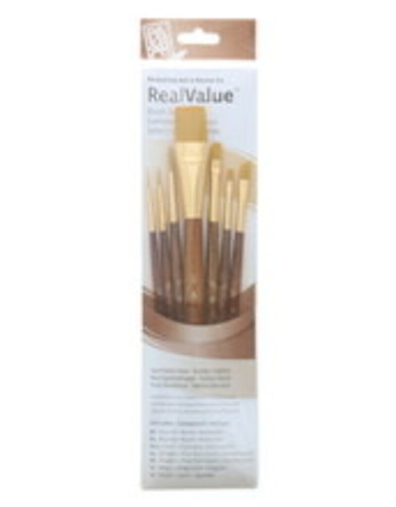 Real Value 7 Brush Golden Taklon Set- Round 2, 4, Liner 2/0, Shader 4, 6, Angular 1/4, Wash 3/4