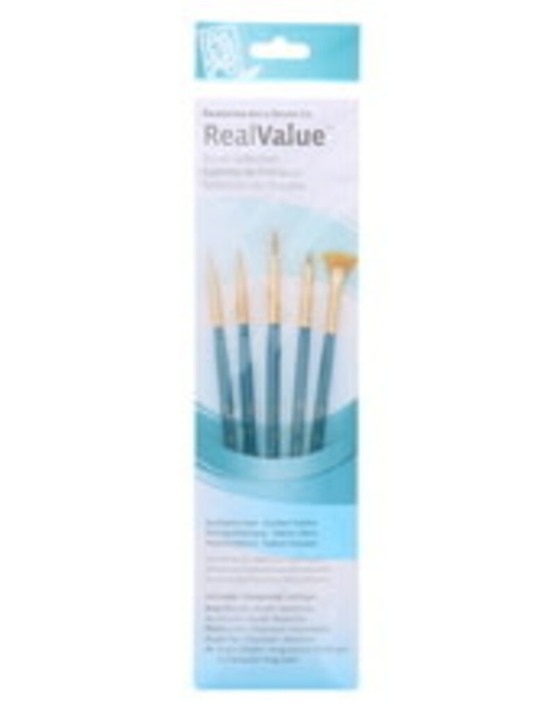 Real Value 5-Brush Golden Taklon Set - Round 3/0, 3, Liner 20/0, Fan 12/0, Angle Shader 0